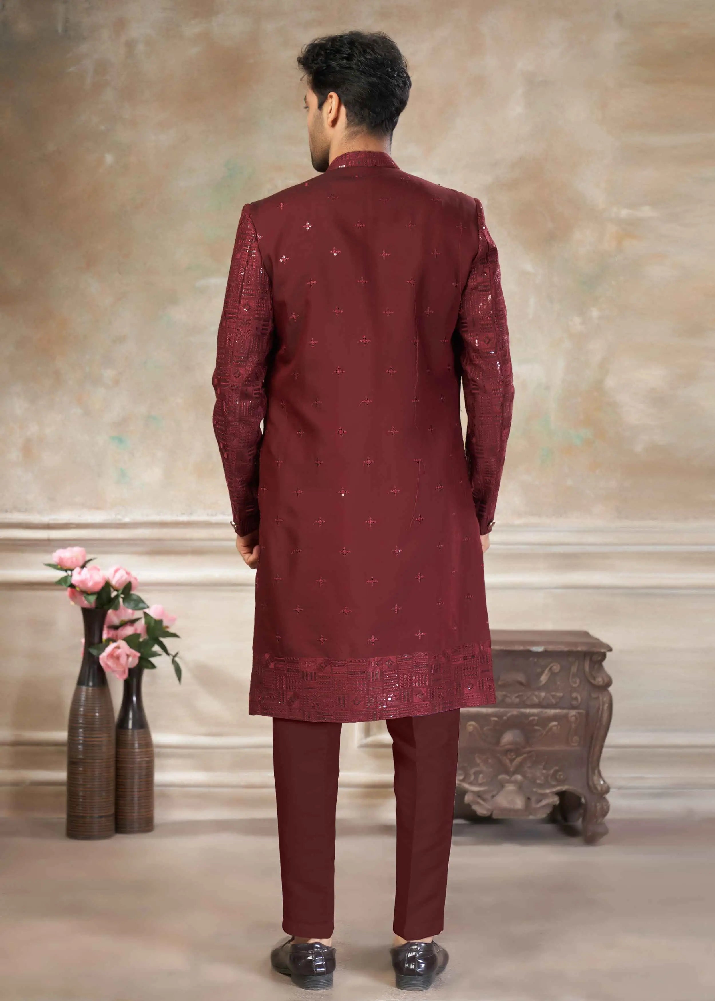 Maroon Sequins Embroidery Work Indo Western