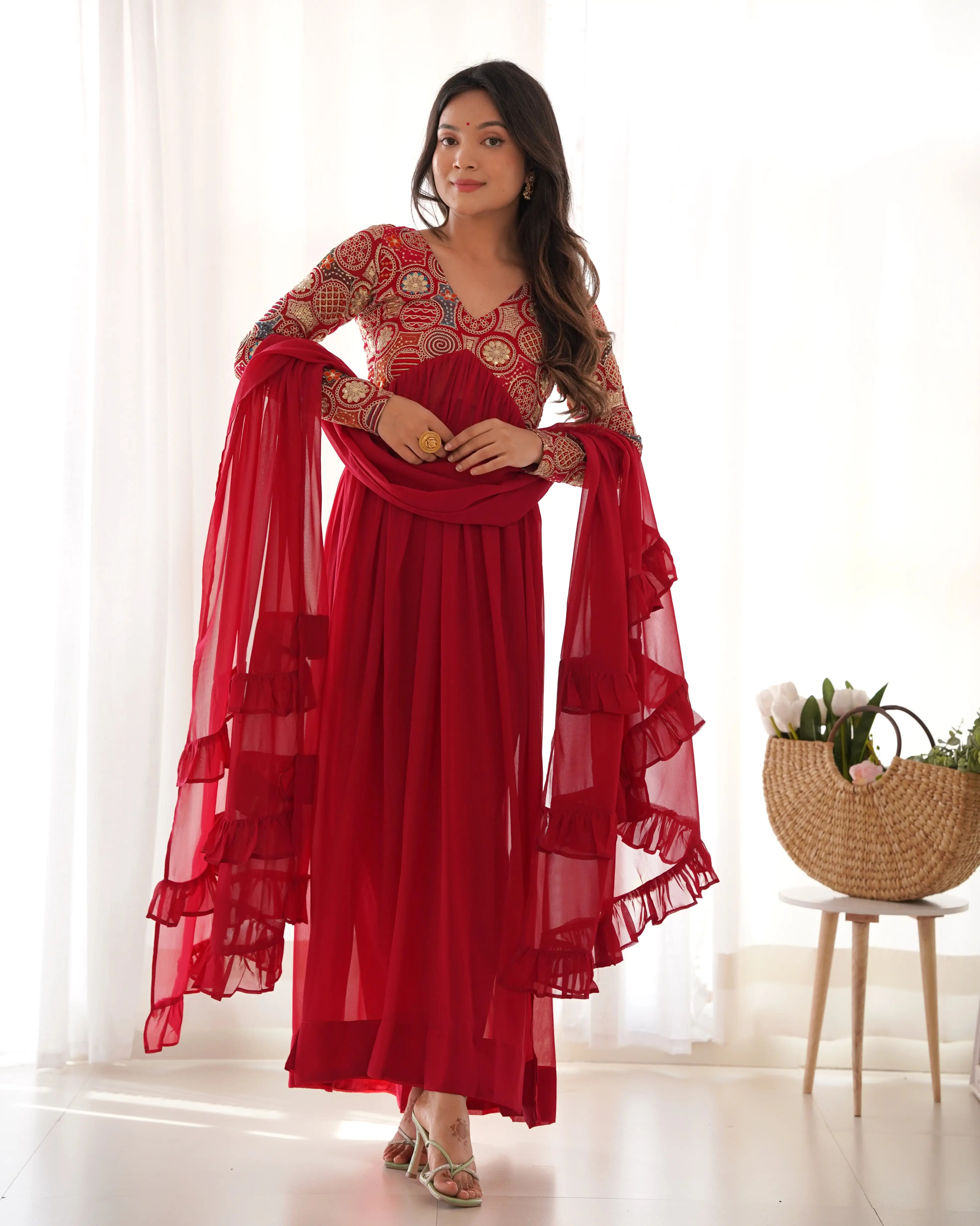 Red Maroon Georgette Alia Cut Embroidery Work Salwar Suit with Fancy Dupatta