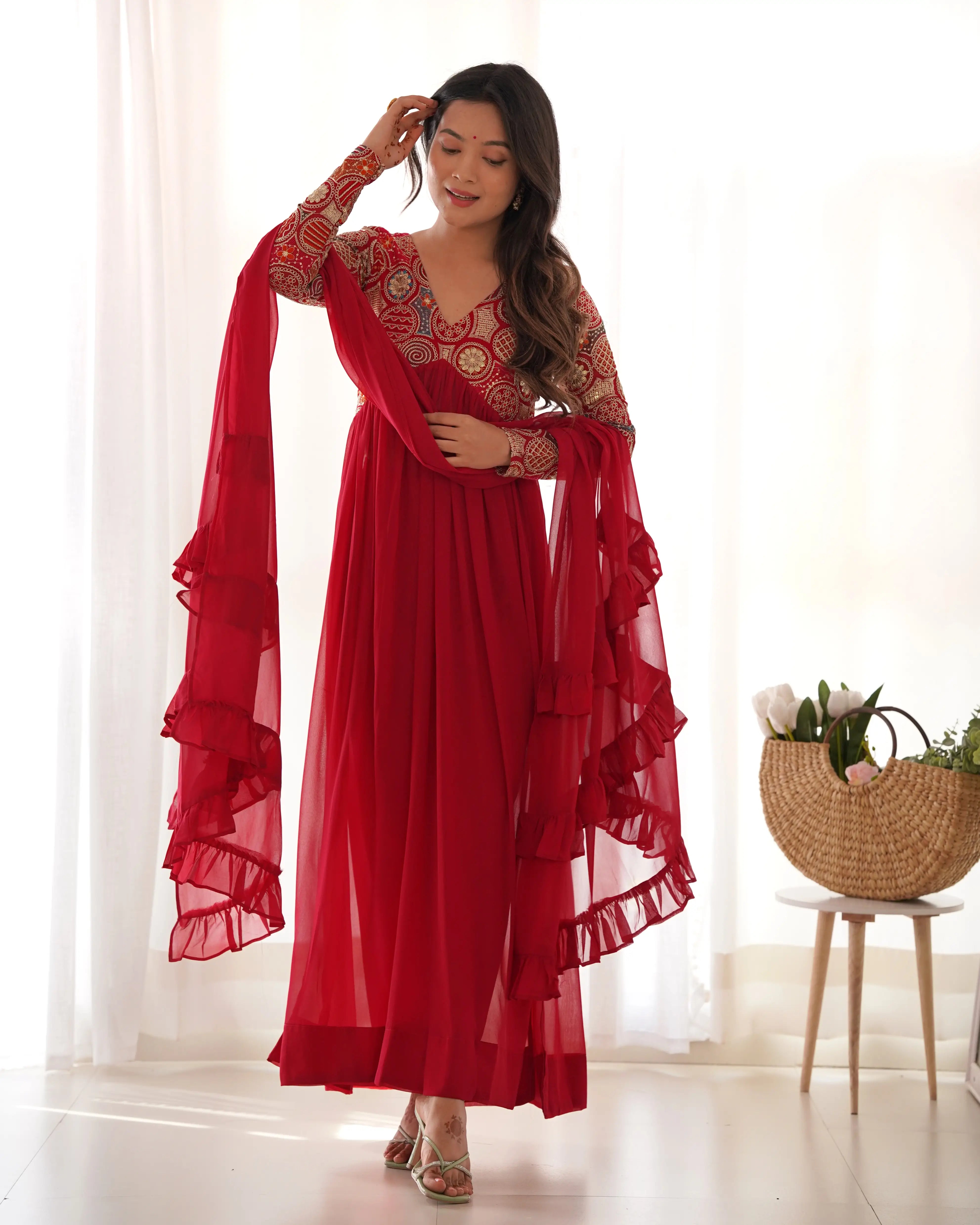 Red Maroon Georgette Alia Cut Embroidery Work Salwar Suit with Fancy Dupatta
