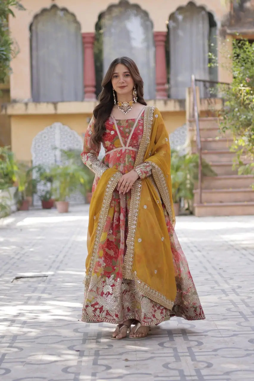 Red With Multi Floral Print Foil Embroidery Sequins Work Gown With Dupatta