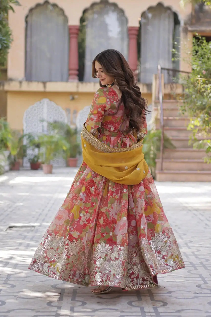 Red With Multi Floral Print Foil Embroidery Sequins Work Gown With Dupatta