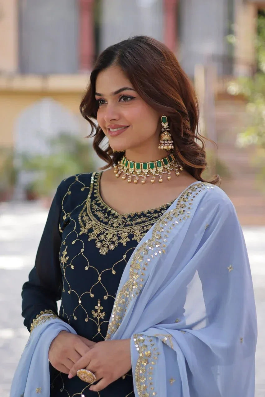Teal Blue Sequins Embroidery Work Kurti Palazzo Suit With Contras Dupatta