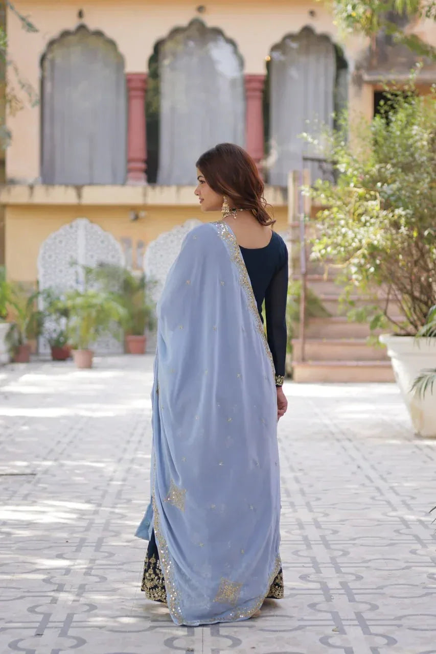 Teal Blue Sequins Embroidery Work Kurti Palazzo Suit With Contras Dupatta