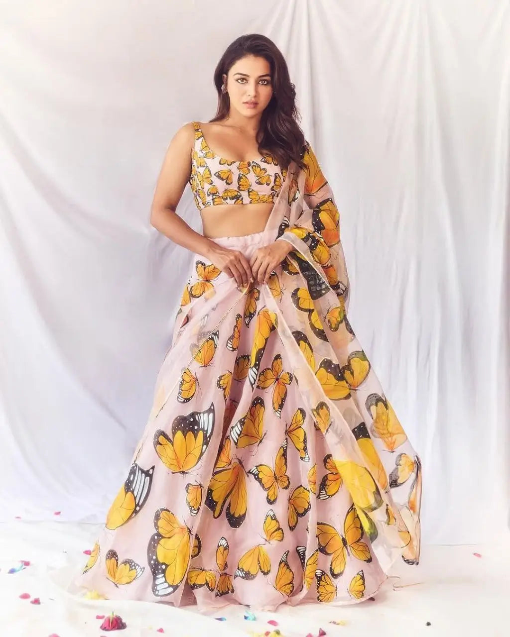 Beautiful Yellow Butterfly Digital Print Silk stylish Lehenga