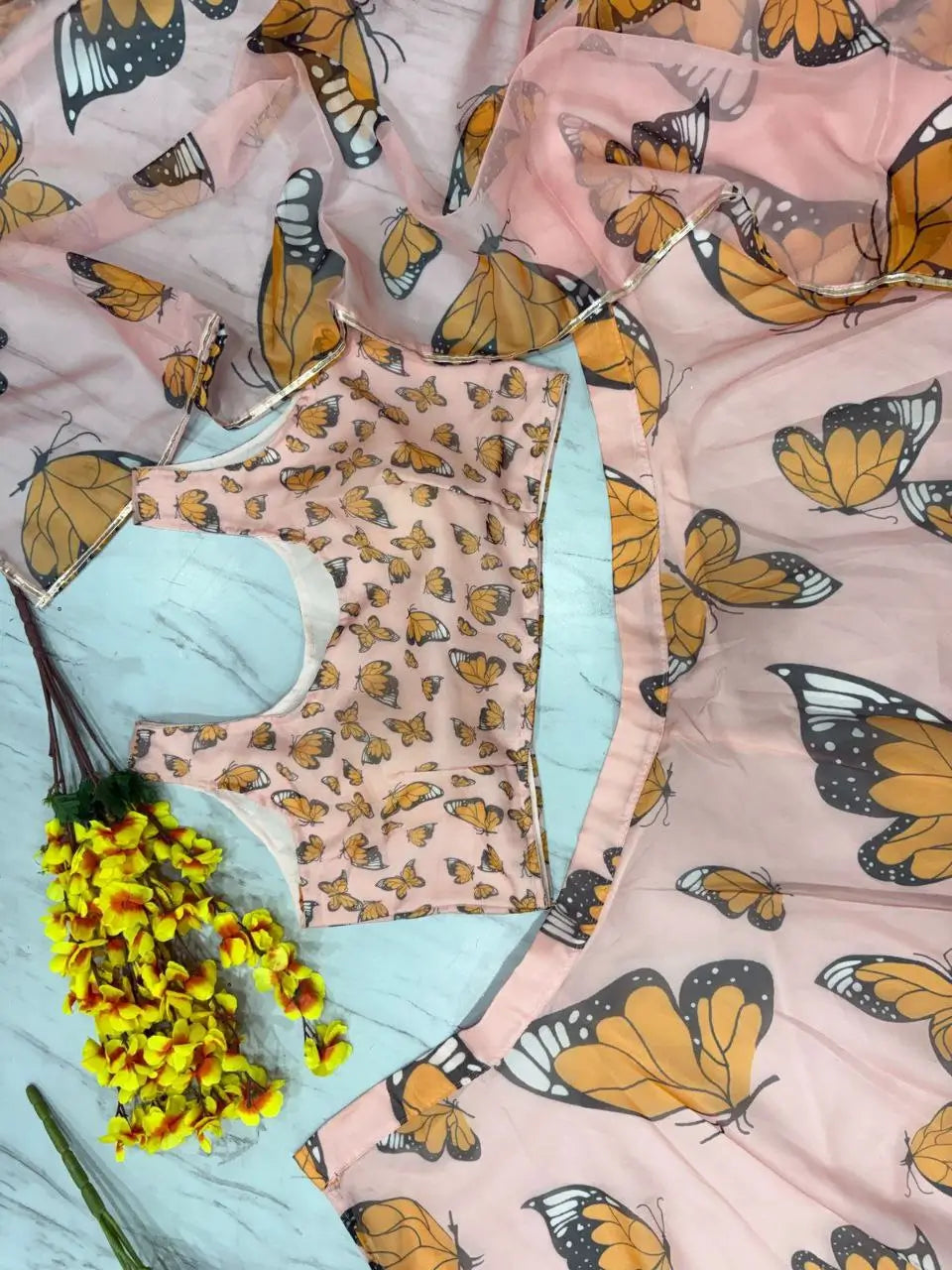 Beautiful Yellow Butterfly Digital Print Silk stylish Lehenga