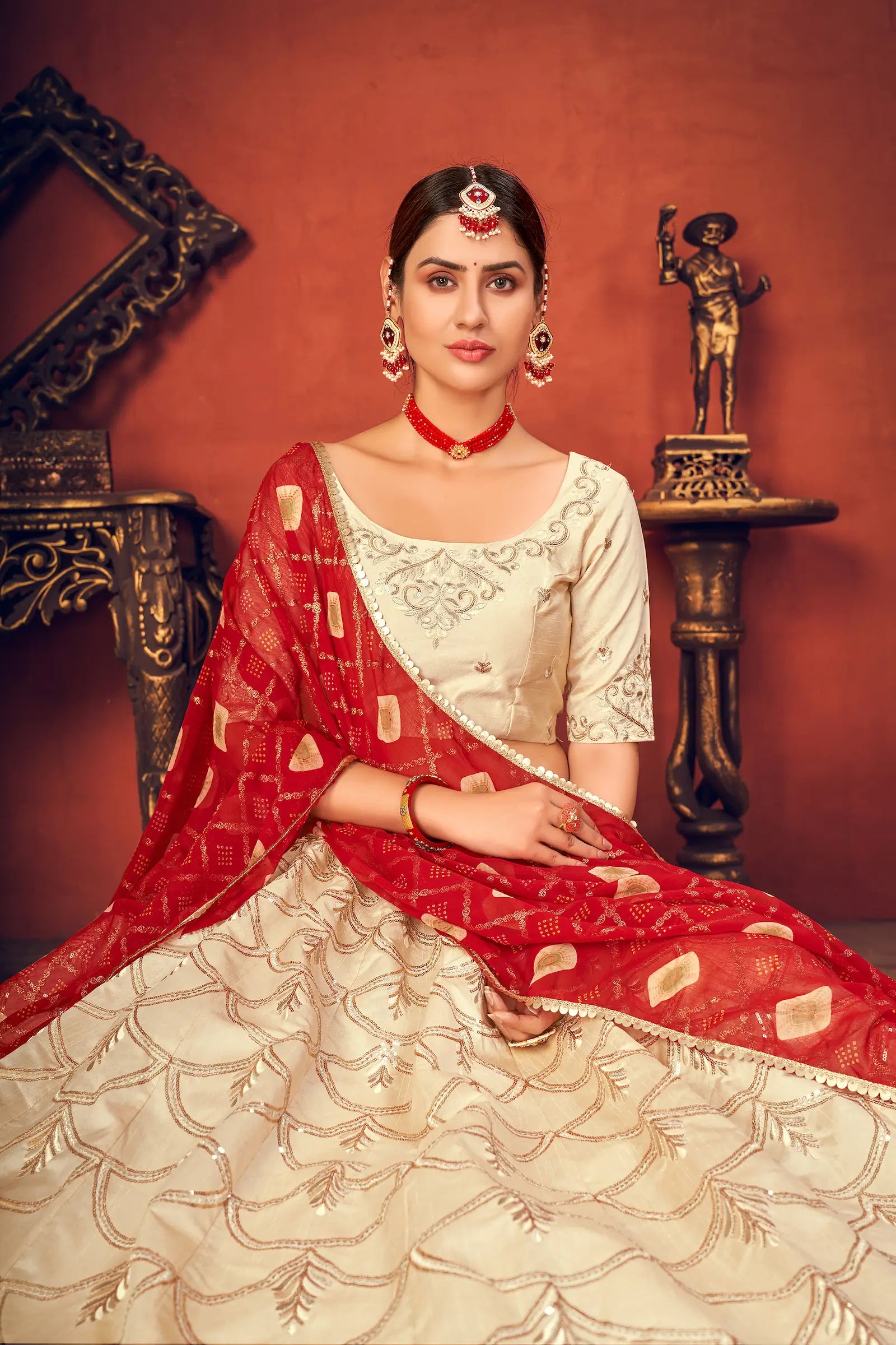Beige Art Silk Lehenga Choli With Sequence & Thread Embroidery Work