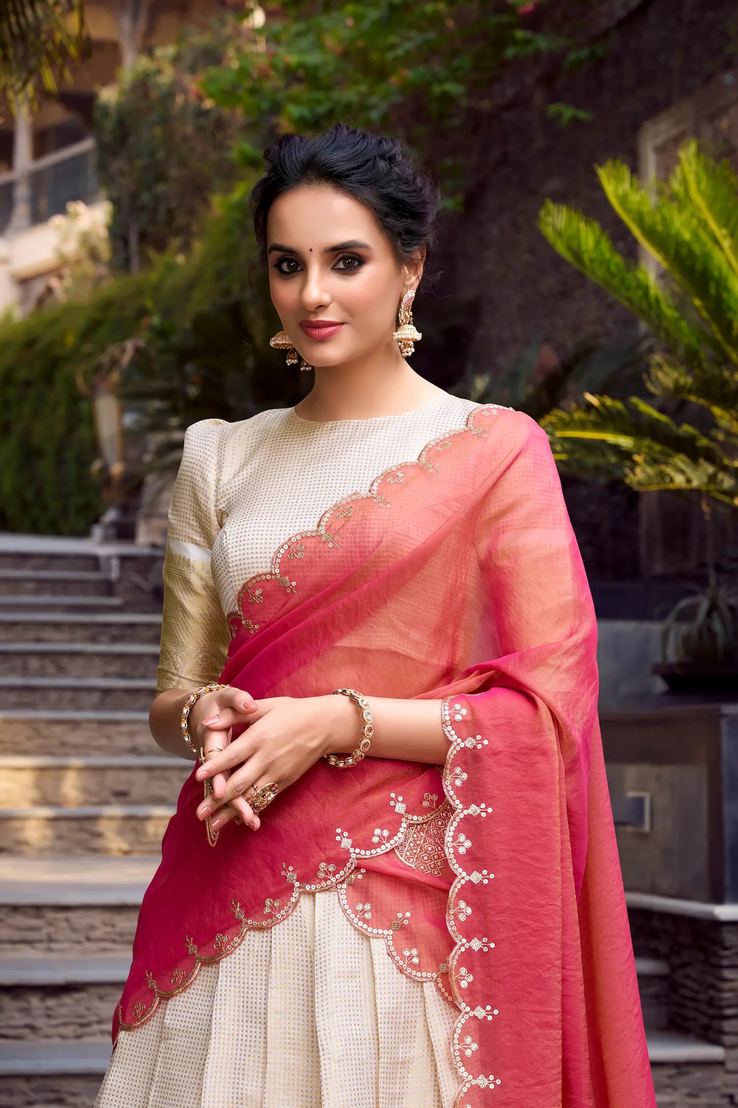 Beige Jacquard Chex Lehenga Choli With Zari Weaving Work & Sequins Embroidery