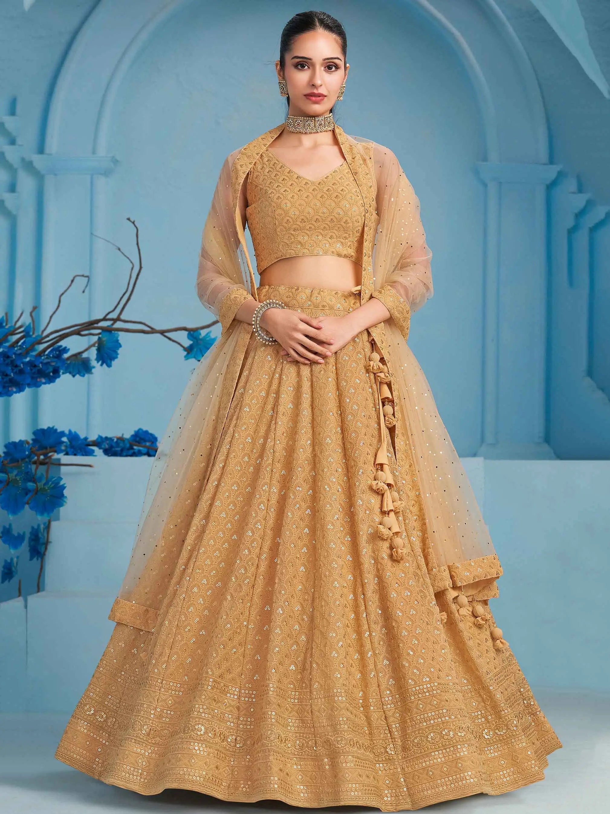 Beige Party Wear Lehenga With Sequins Embroidery Work And Dupatta