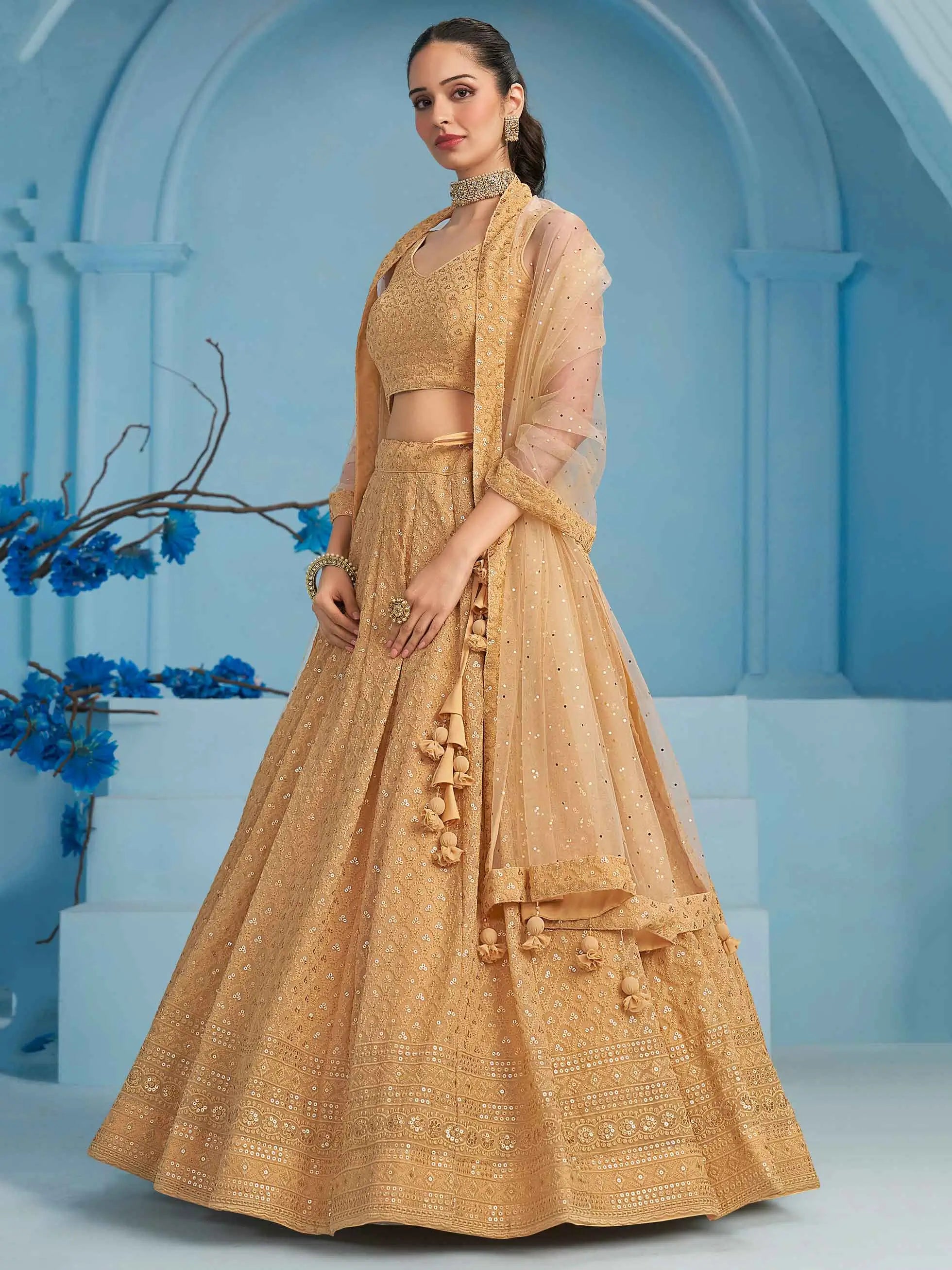 Beige Party Wear Lehenga With Sequins Embroidery Work And Dupatta