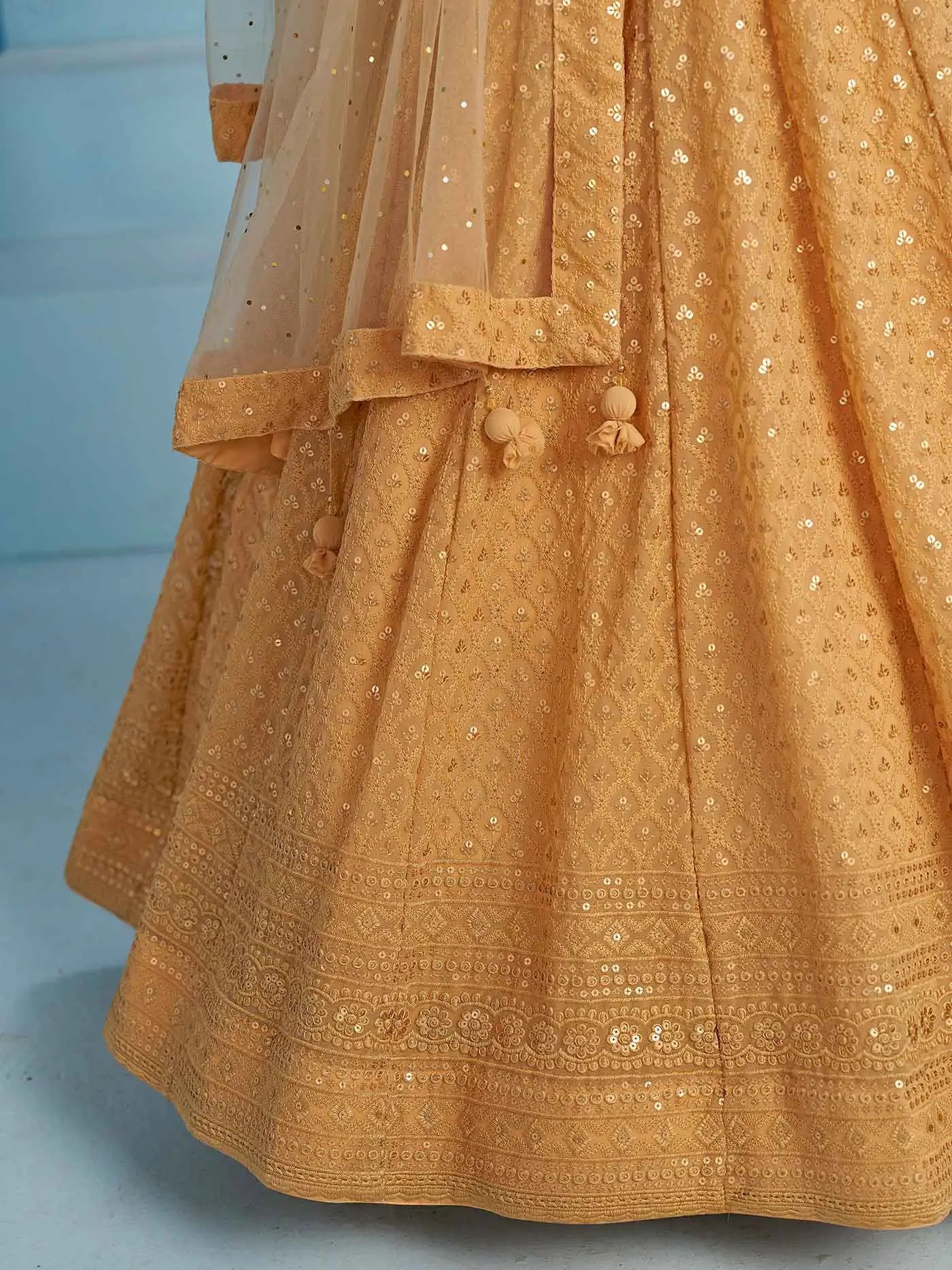 Beige Party Wear Lehenga With Sequins Embroidery Work And Dupatta