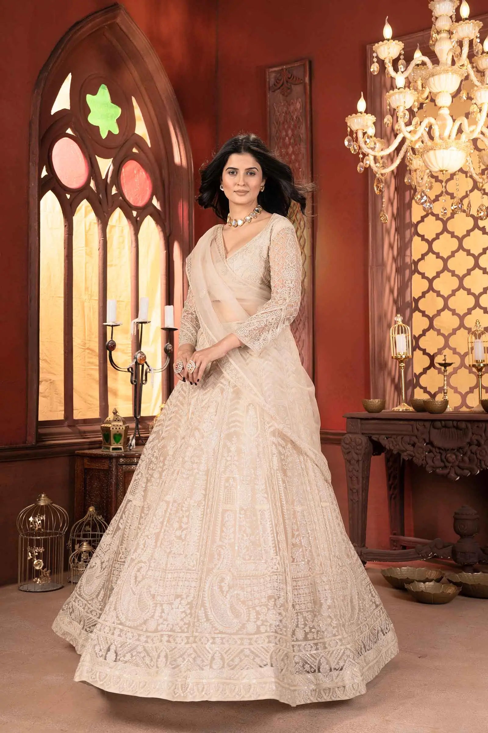 Beige Shining Thread Embroidery Design Net Lehenga Choli