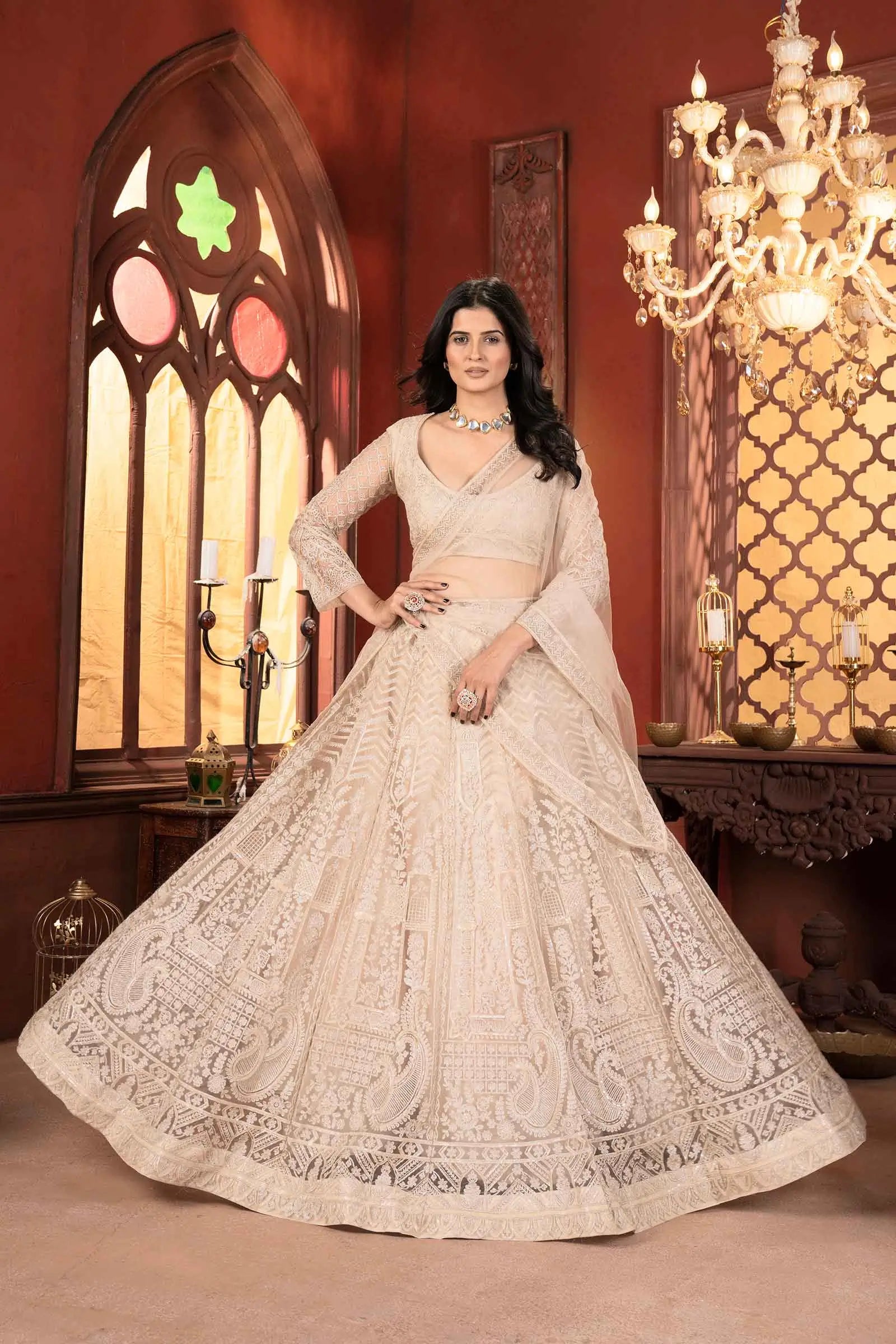 Beige Shining Thread Embroidery Design Net Lehenga Choli