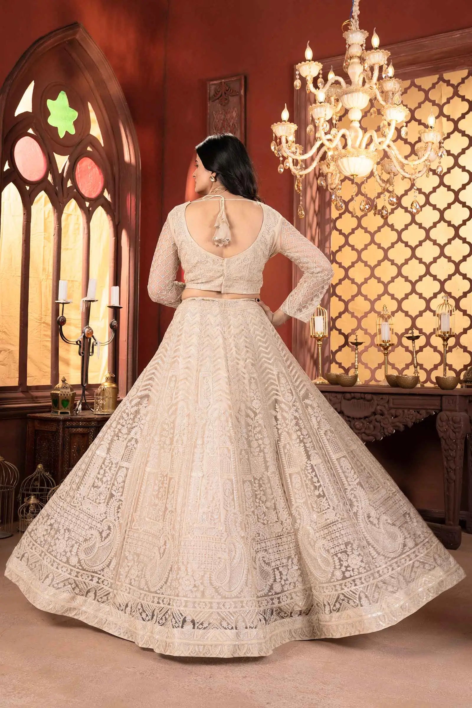 Beige Shining Thread Embroidery Design Net Lehenga Choli