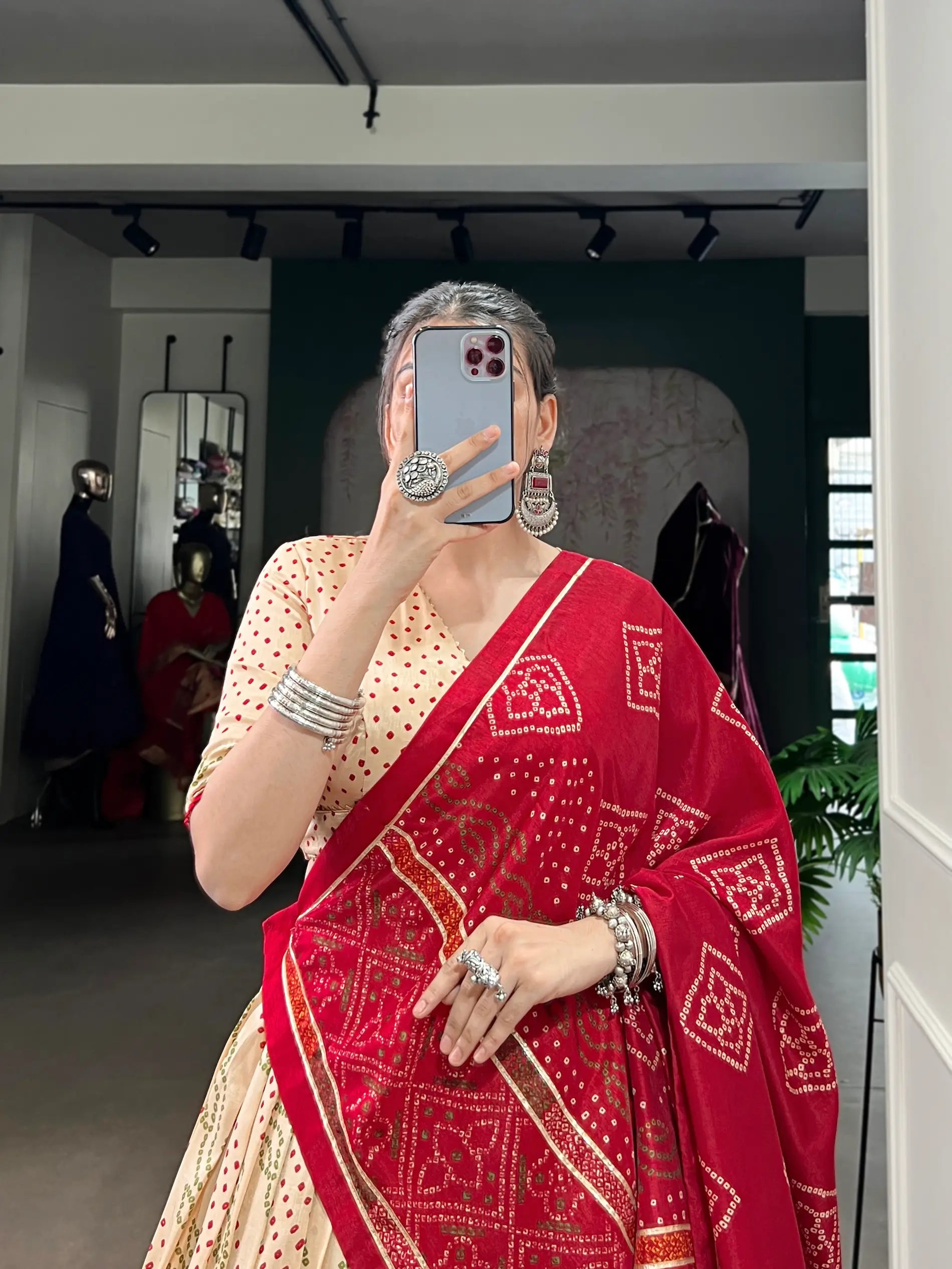 Beige Tasar Silk Lehenga Choli With Bandhej Print & Lace Touch Up