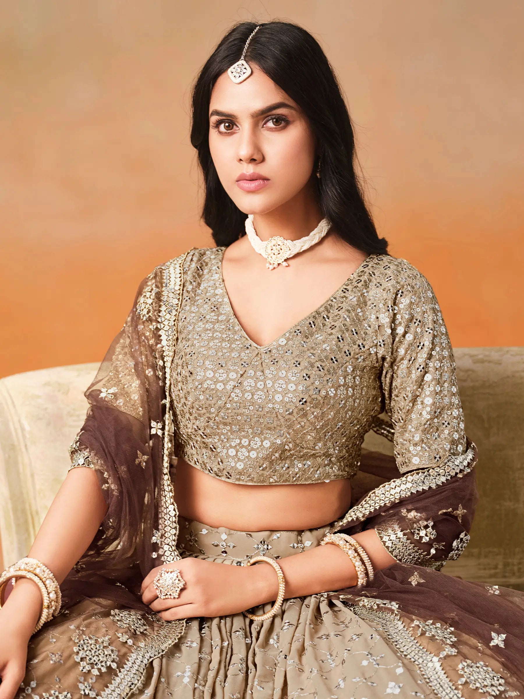 Beige To Brown Gradient Georgette Lehenga With Zari Sequins Embroidery Work