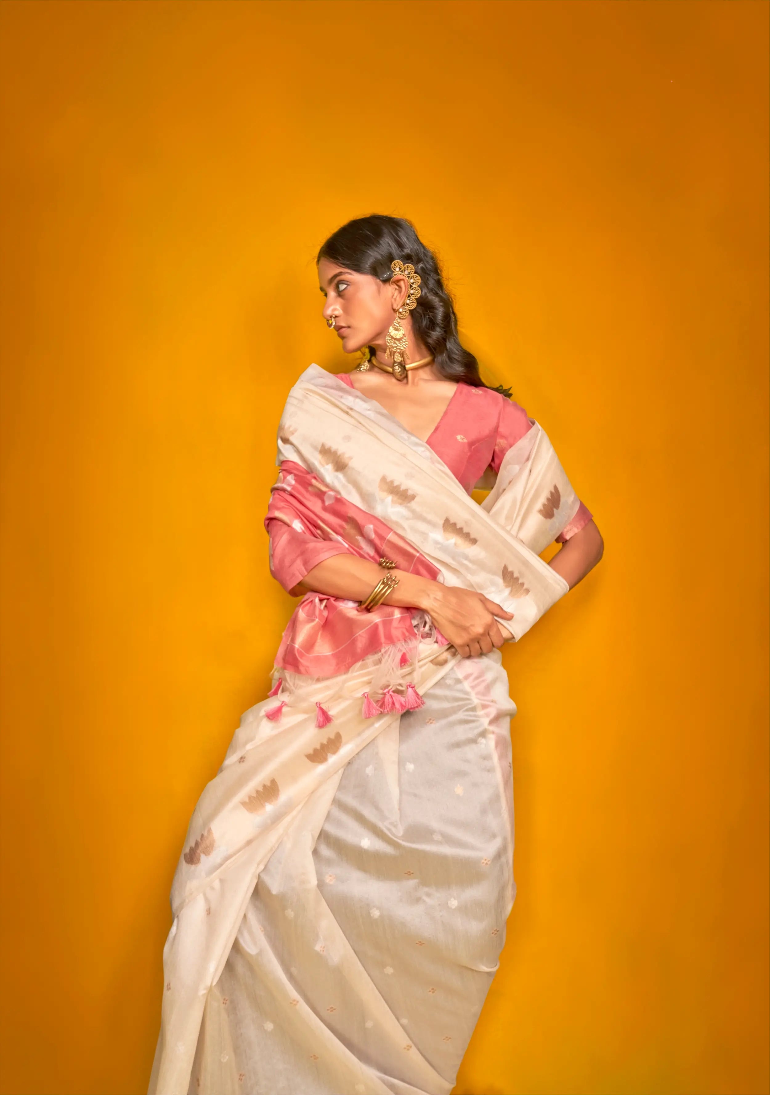 Beige Tussar Silk Zari Weaving Work Saree