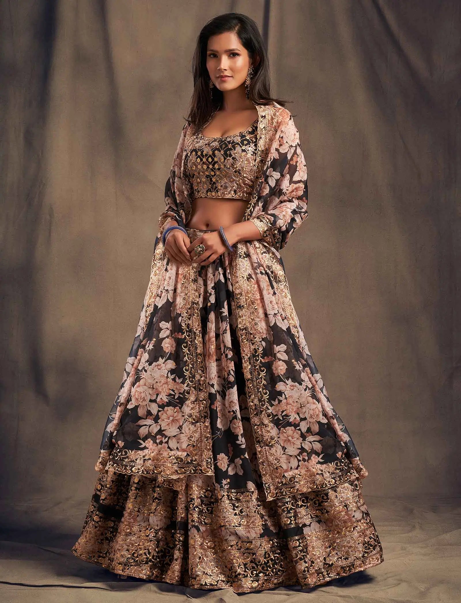 Black Floral Print Organza Lehenga With Sequins Work