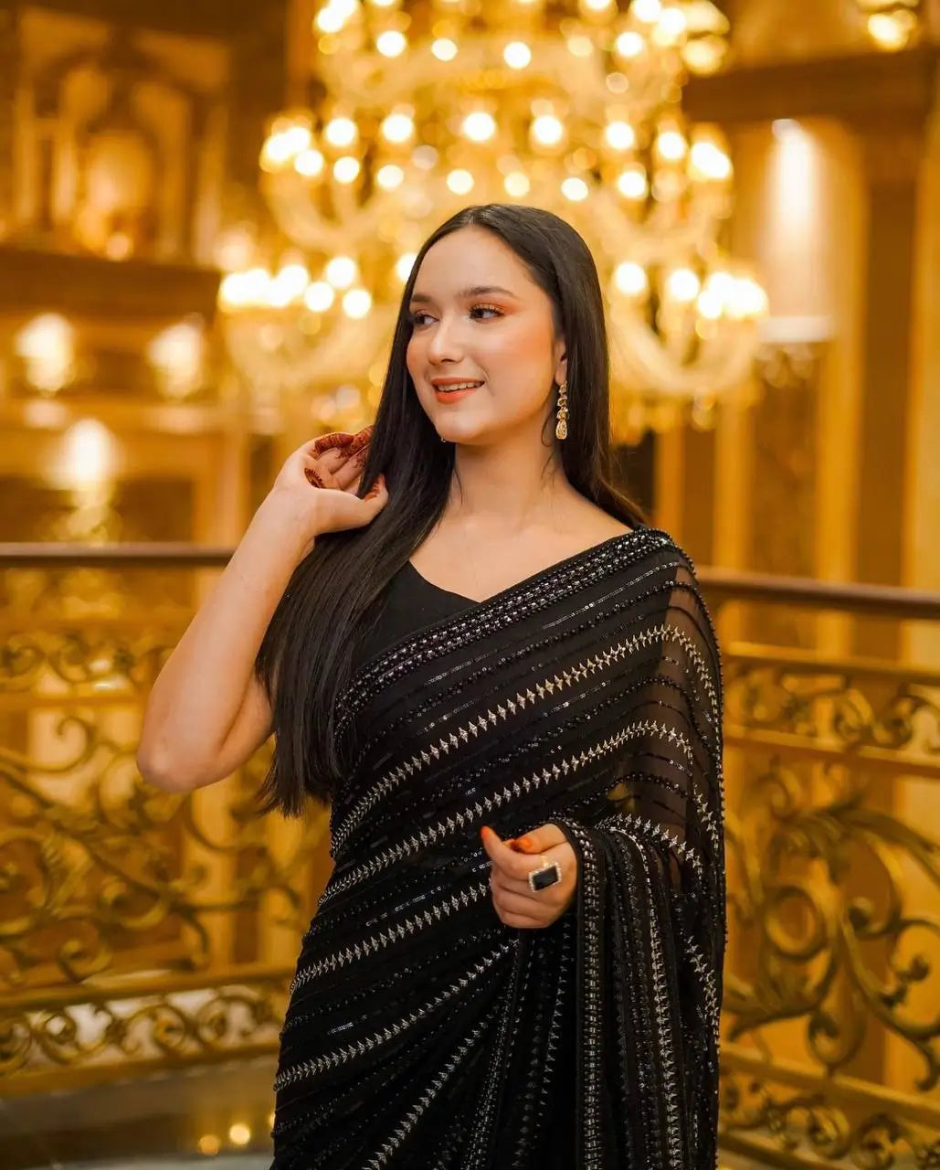 Black Georgette Saree With Sequins & Zari Work