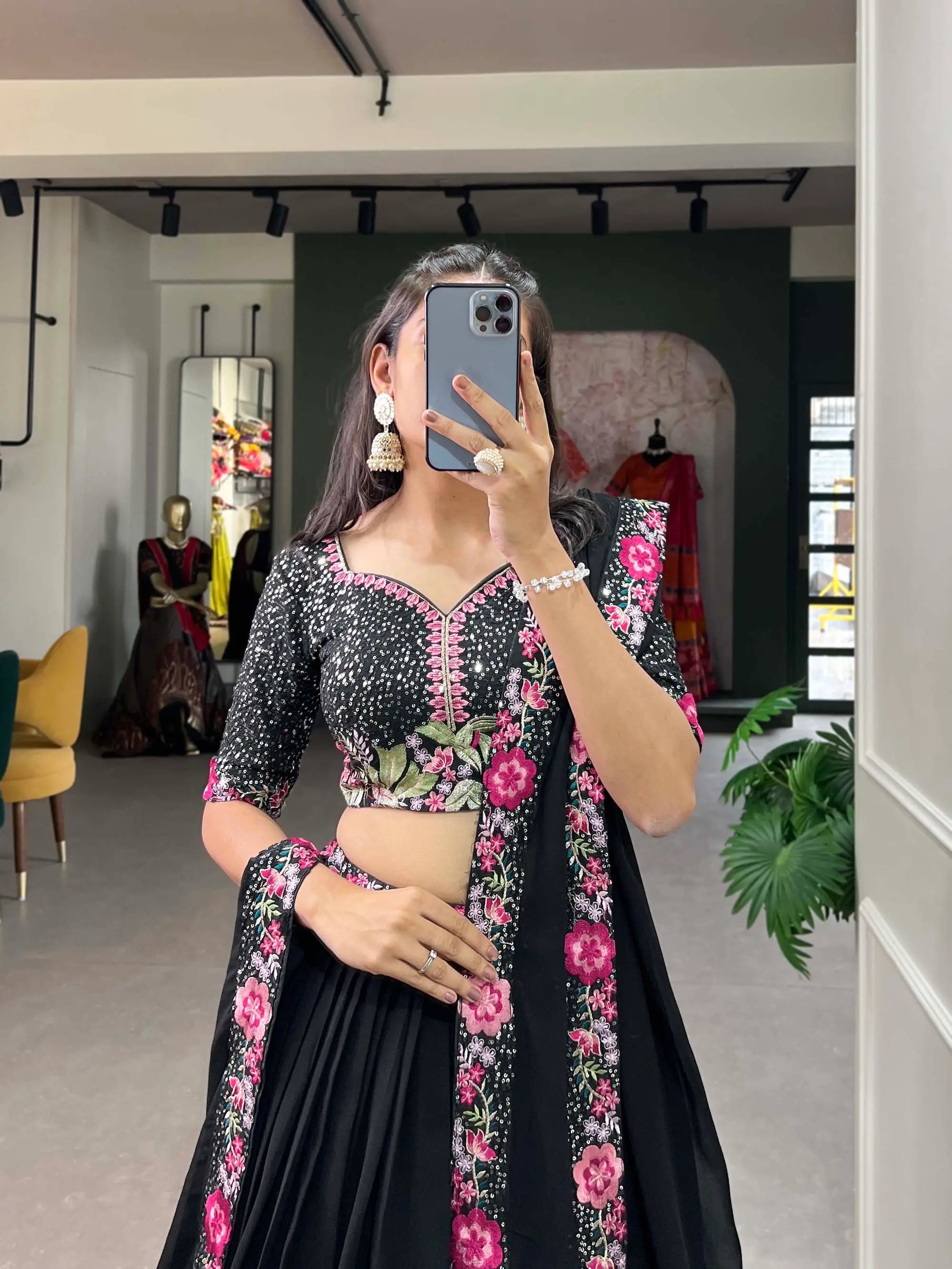 Black Georgette Sequence & Thread Embroidery Lehenga Choli