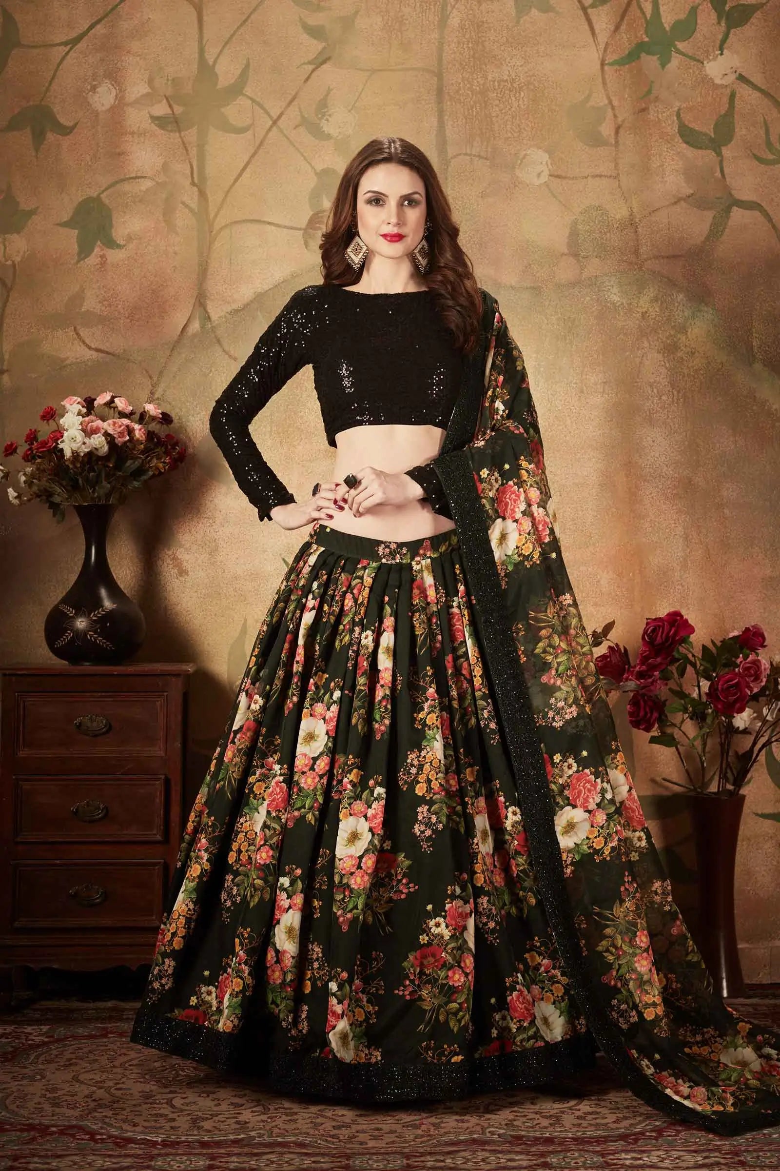 Black Organza Lehenga With Multi Color Floral Print With Sequins Work