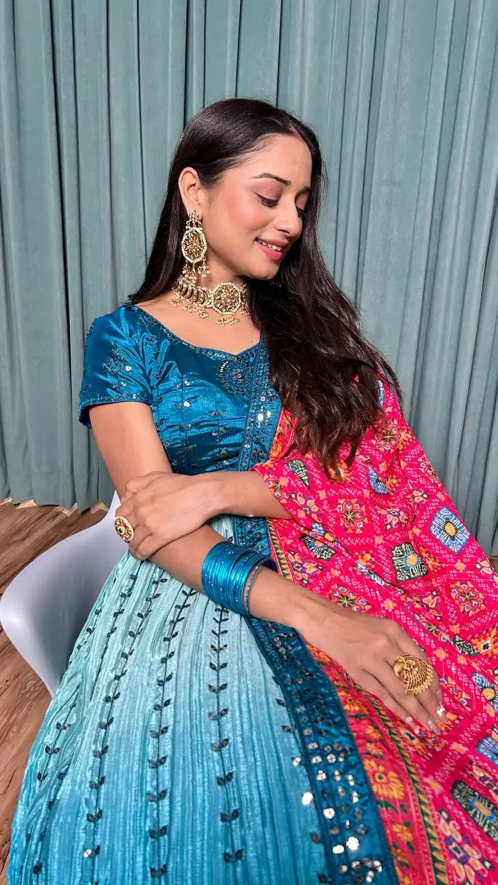 Blue Chinon Silk Thread with Sequence Embroidery Work Lehenga Choli