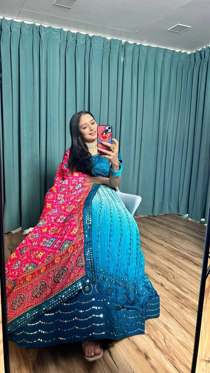 Blue Chinon Silk Thread with Sequence Embroidery Work Lehenga Choli