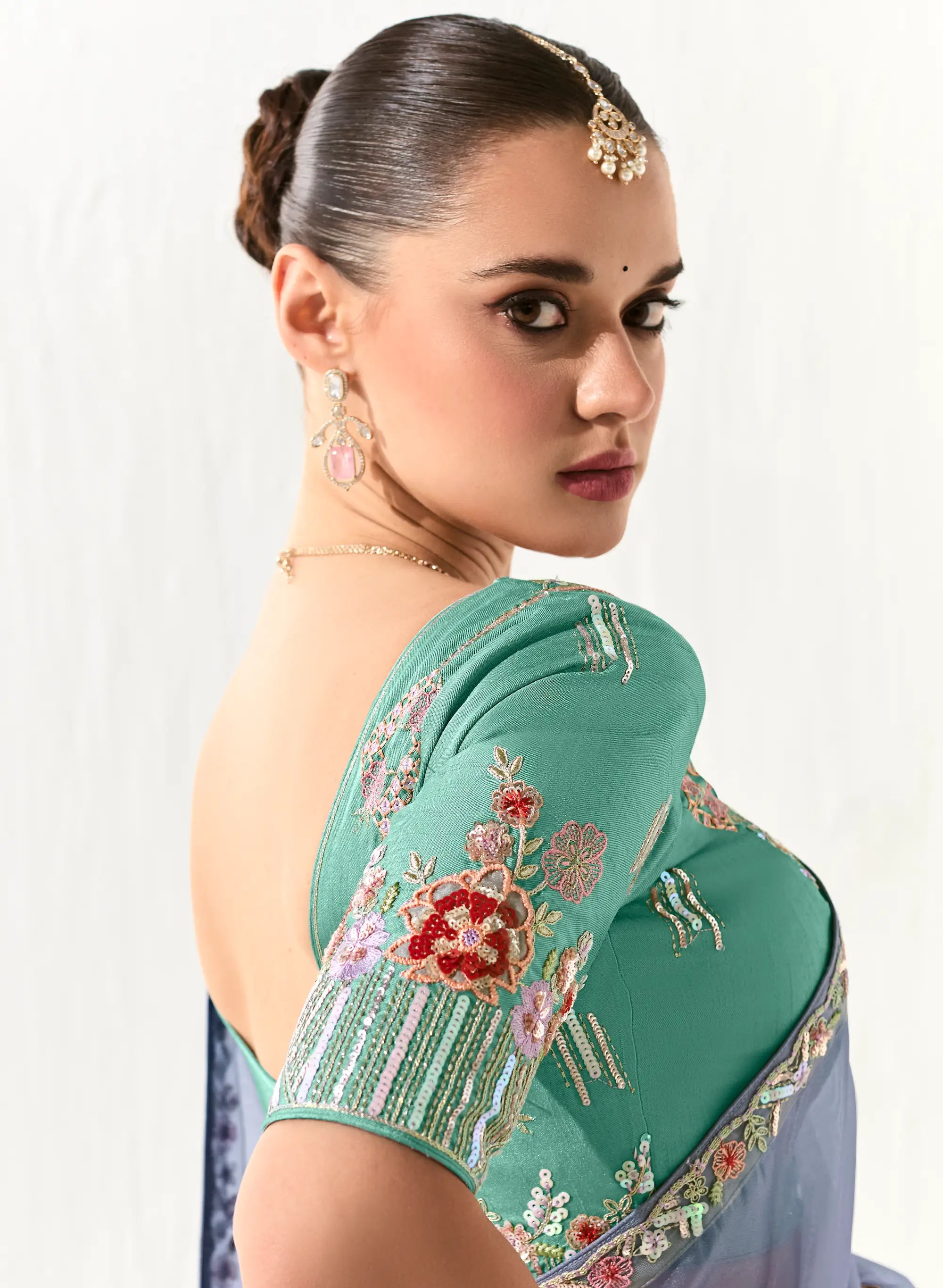 Blue Grey Organza Saree Blouse With Heavy Embroidery work