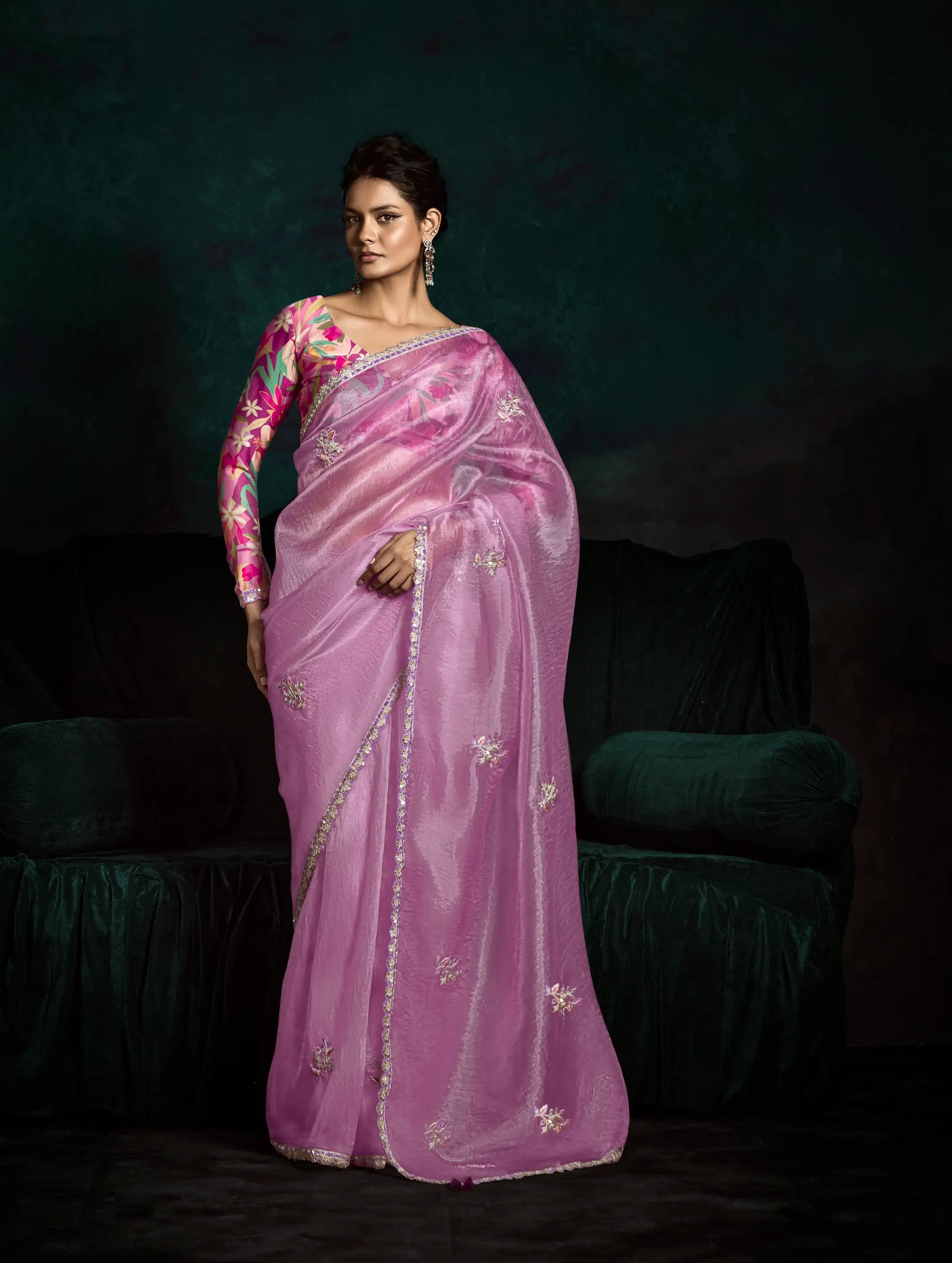 Blush Pink Glass Organza Saree With Digital Print, Sequence & Thread Embroidery Work