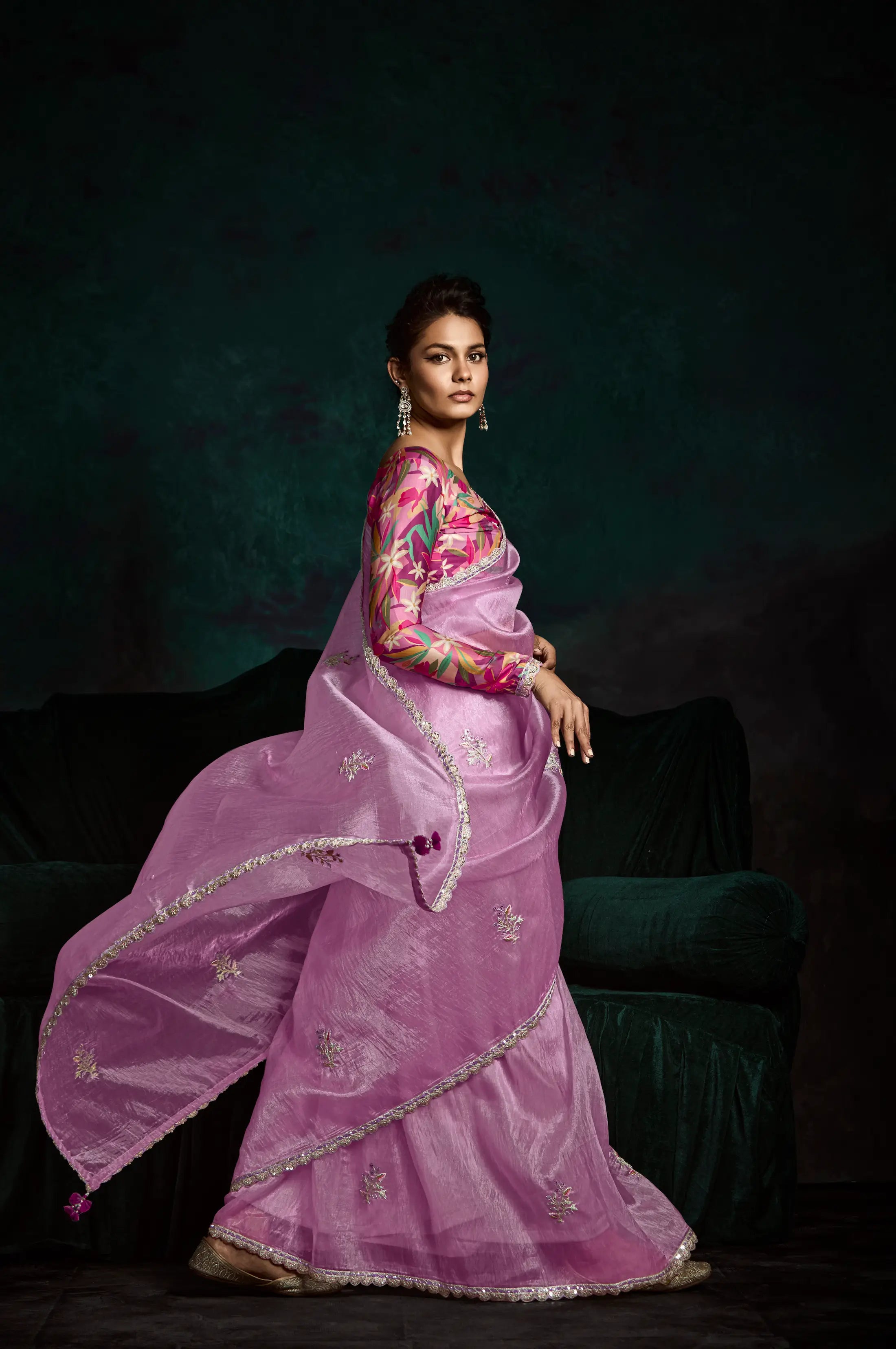 Blush Pink Glass Organza Saree With Digital Print, Sequence & Thread Embroidery Work