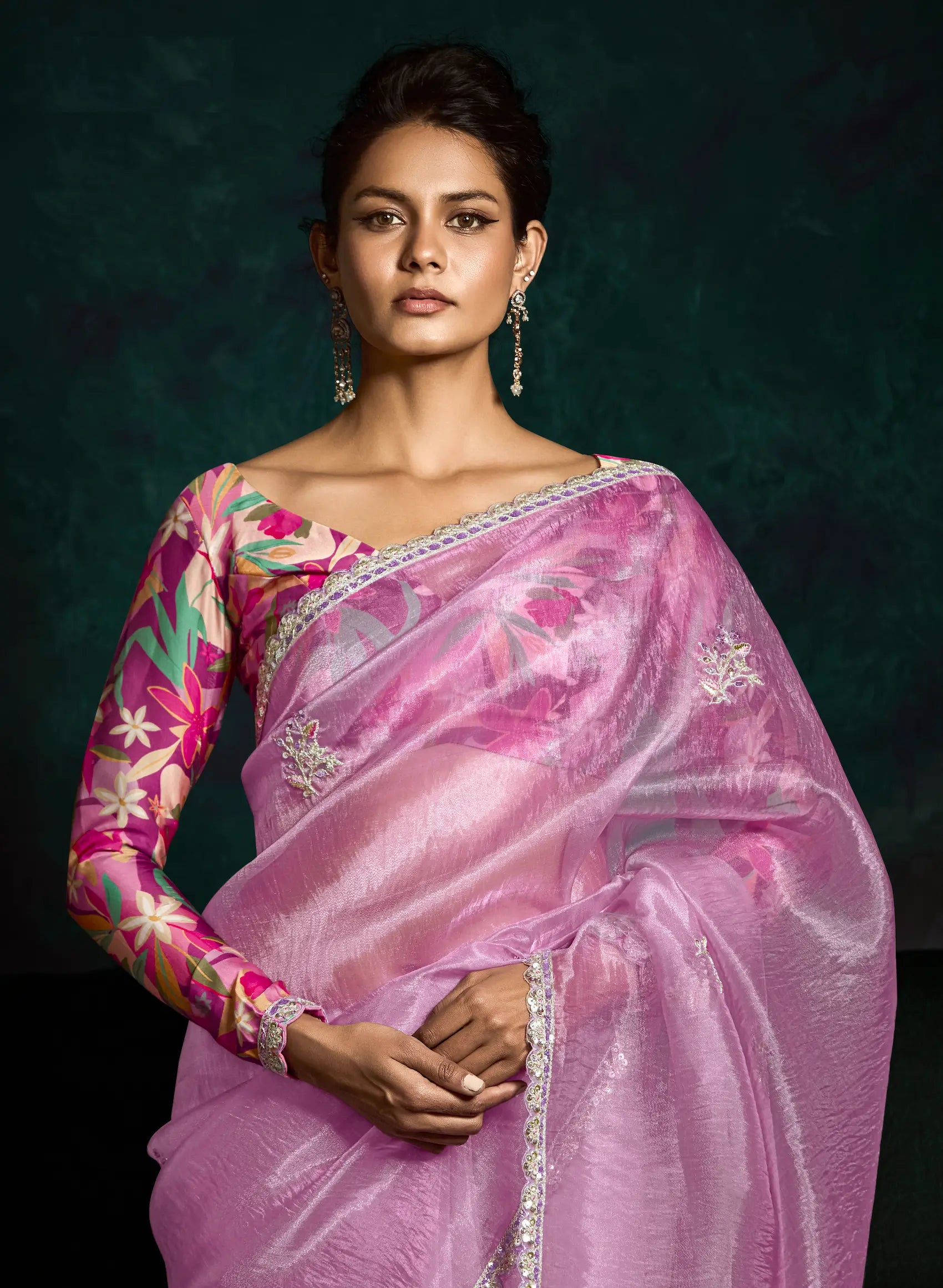 Blush Pink Glass Organza Saree With Digital Print, Sequence & Thread Embroidery Work