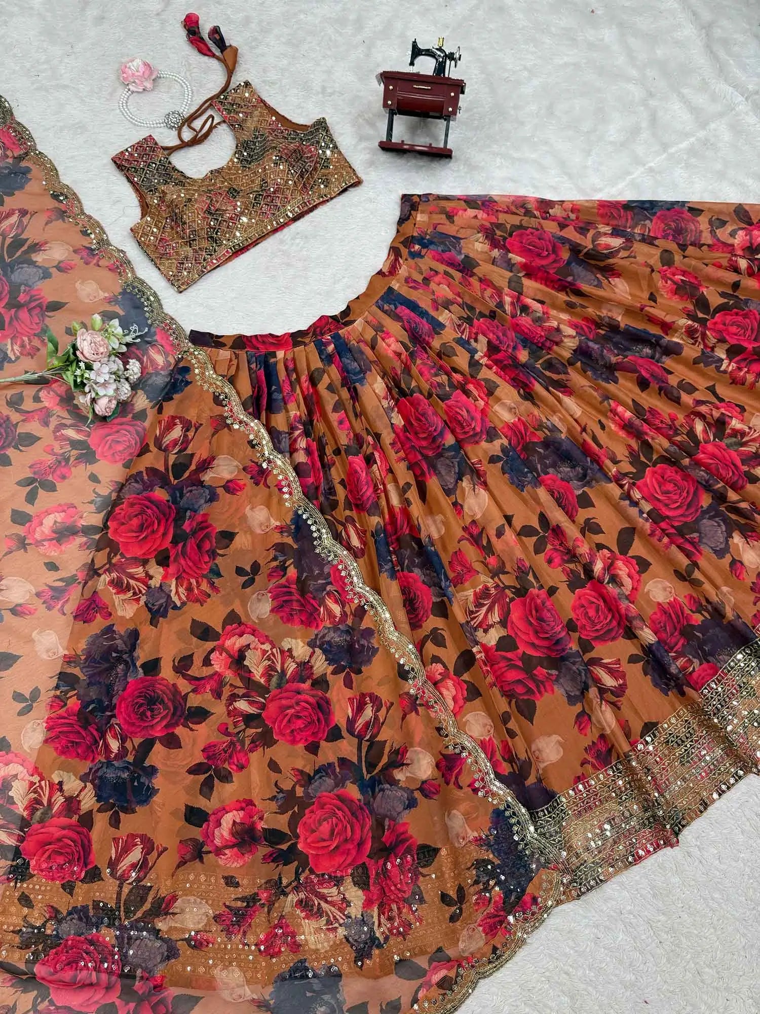 Brownish Yellow Floral Print With Embroidery Work Lehenga And Dupatta