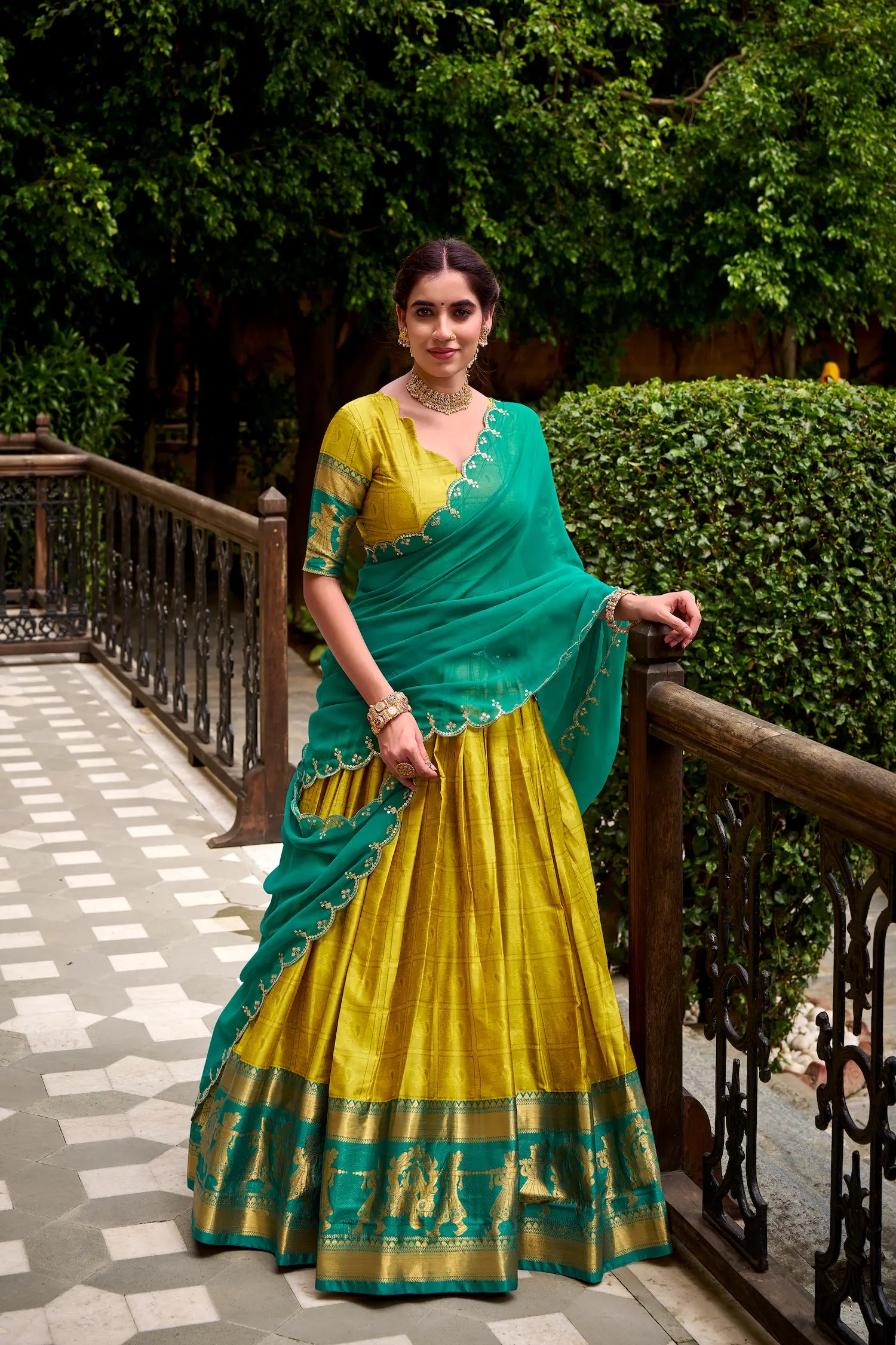 Burnt Yellow Polly Cotton Zari Weaving Lehenga Choli