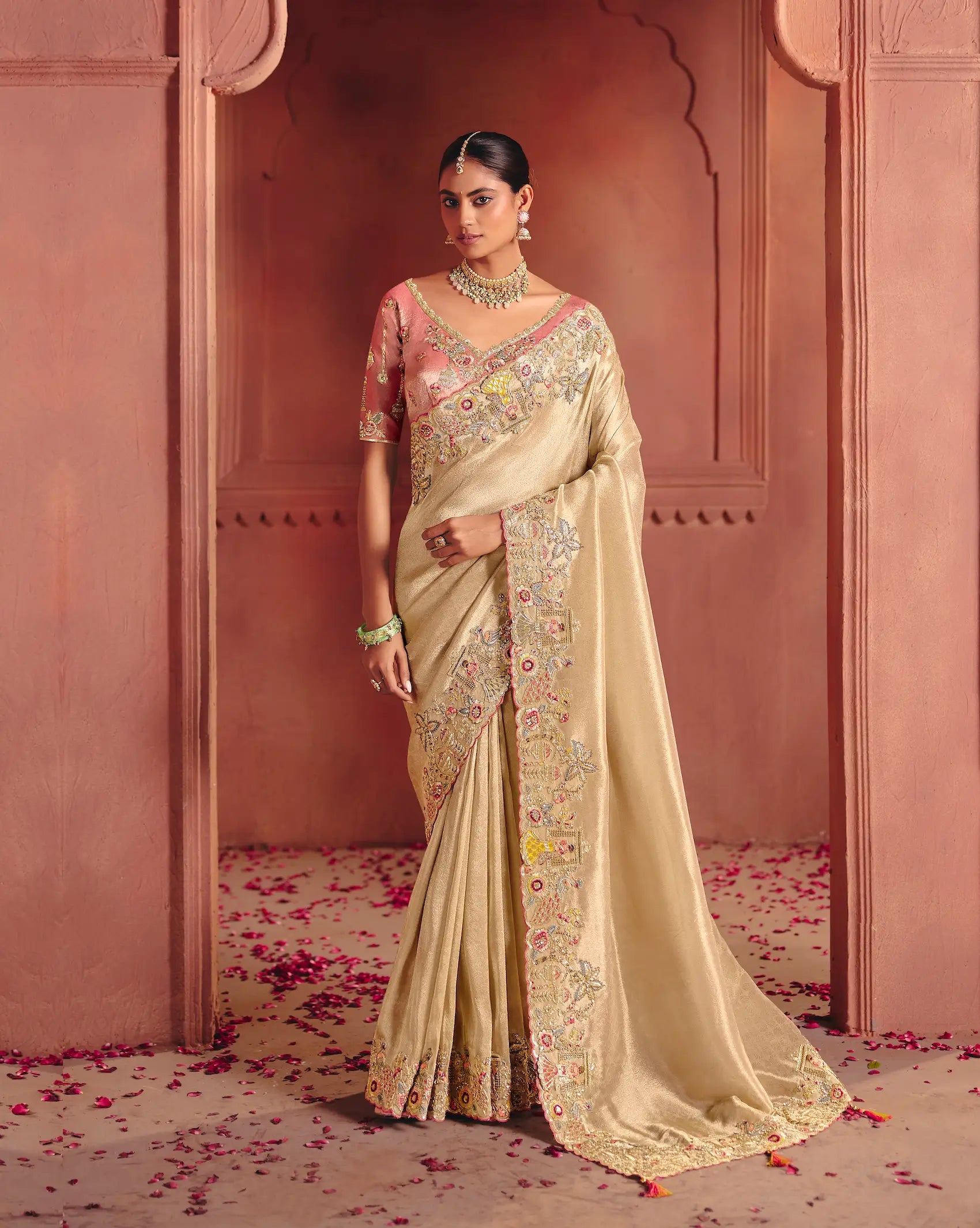 Champagne Gold Zari Silk Heavy Embroidery Saree
