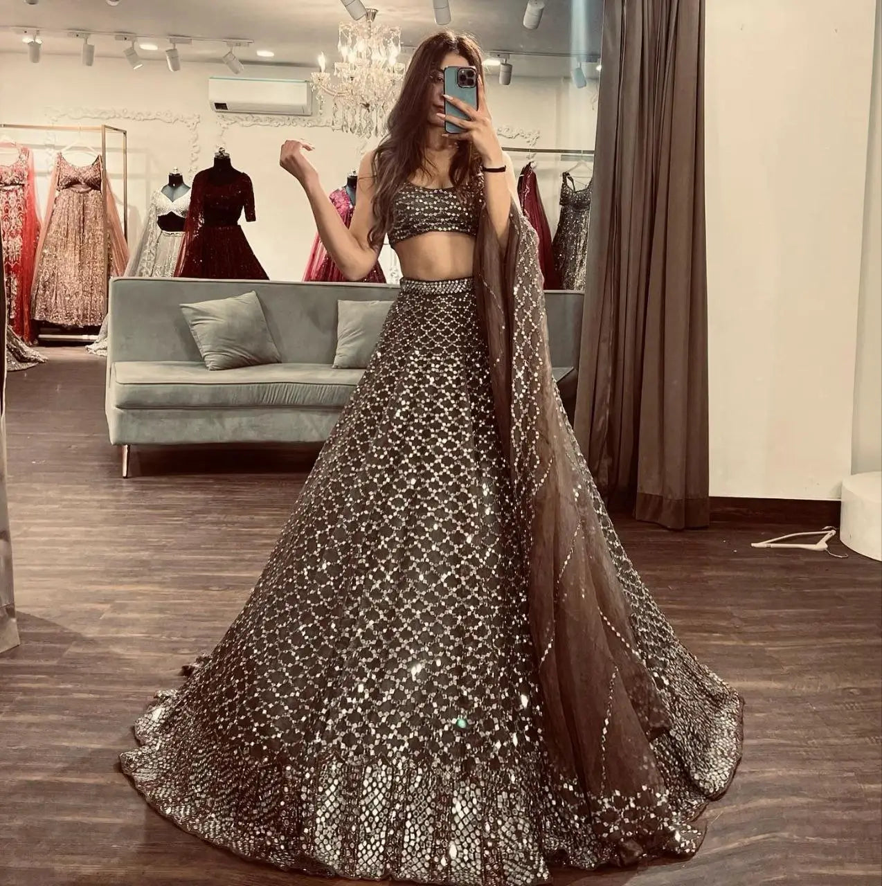 Cocoa Brown Net Lehenga With Heavy Sequins Work With Dupatta