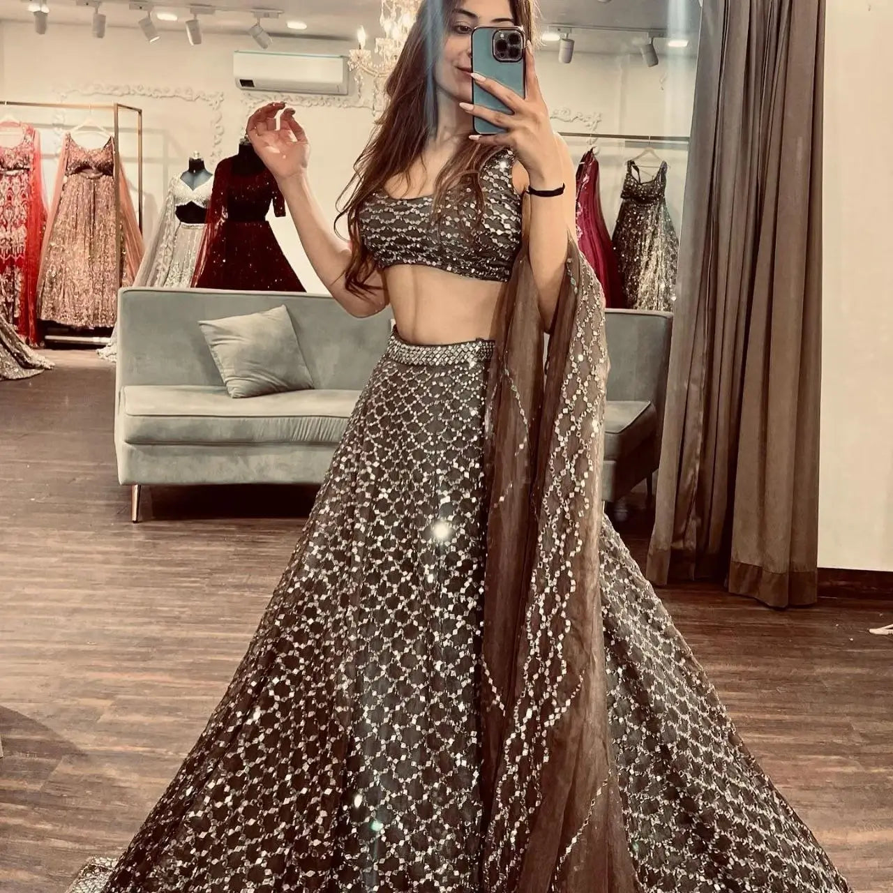 Cocoa Brown Net Lehenga With Heavy Sequins Work With Dupatta