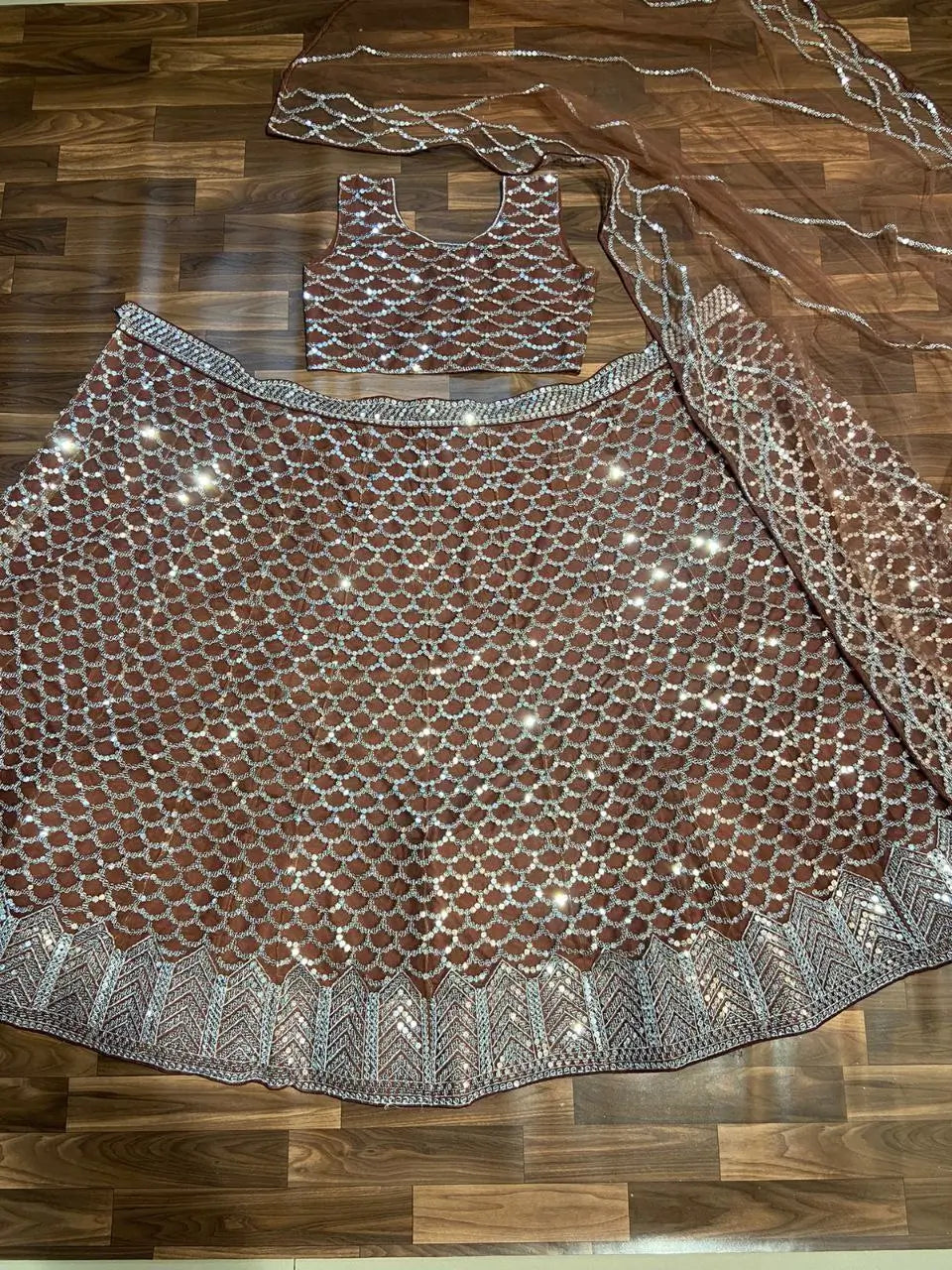 Cocoa Brown Net Lehenga With Heavy Sequins Work With Dupatta