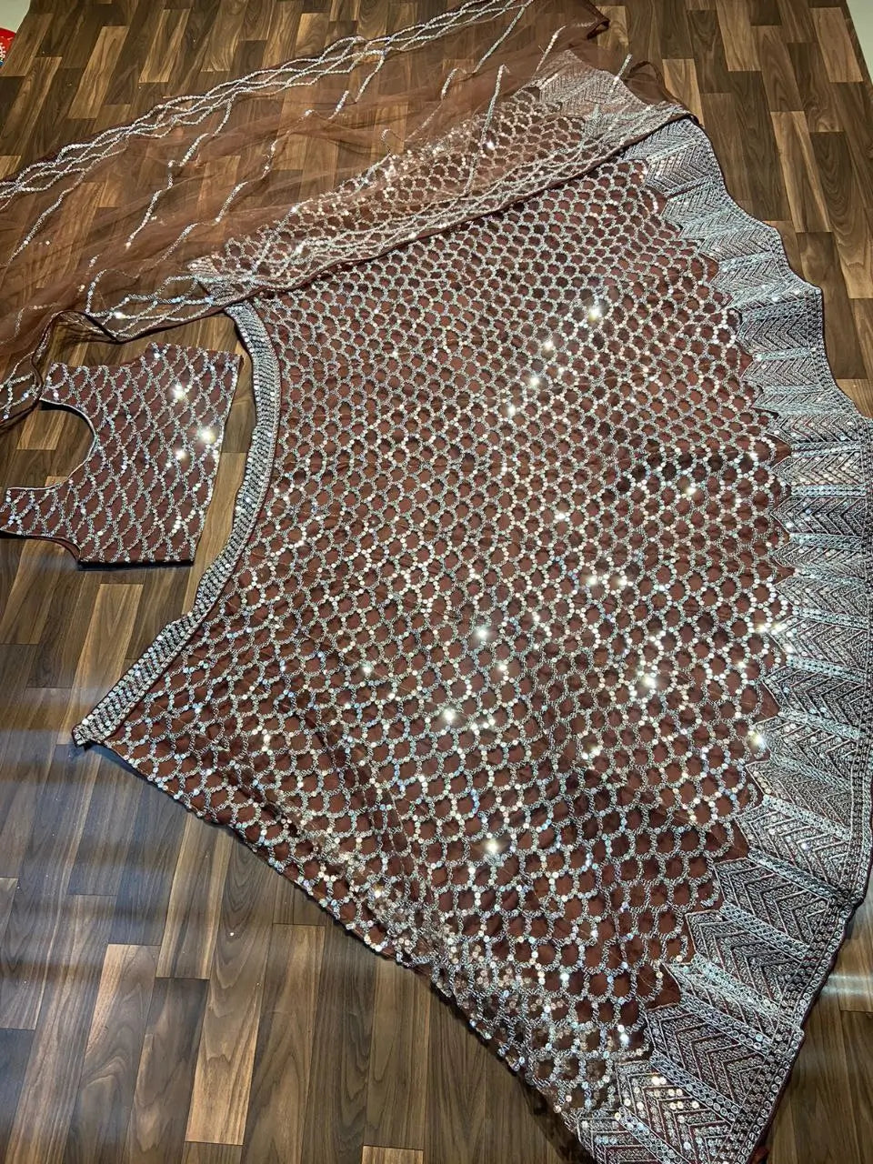 Cocoa Brown Net Lehenga With Heavy Sequins Work With Dupatta
