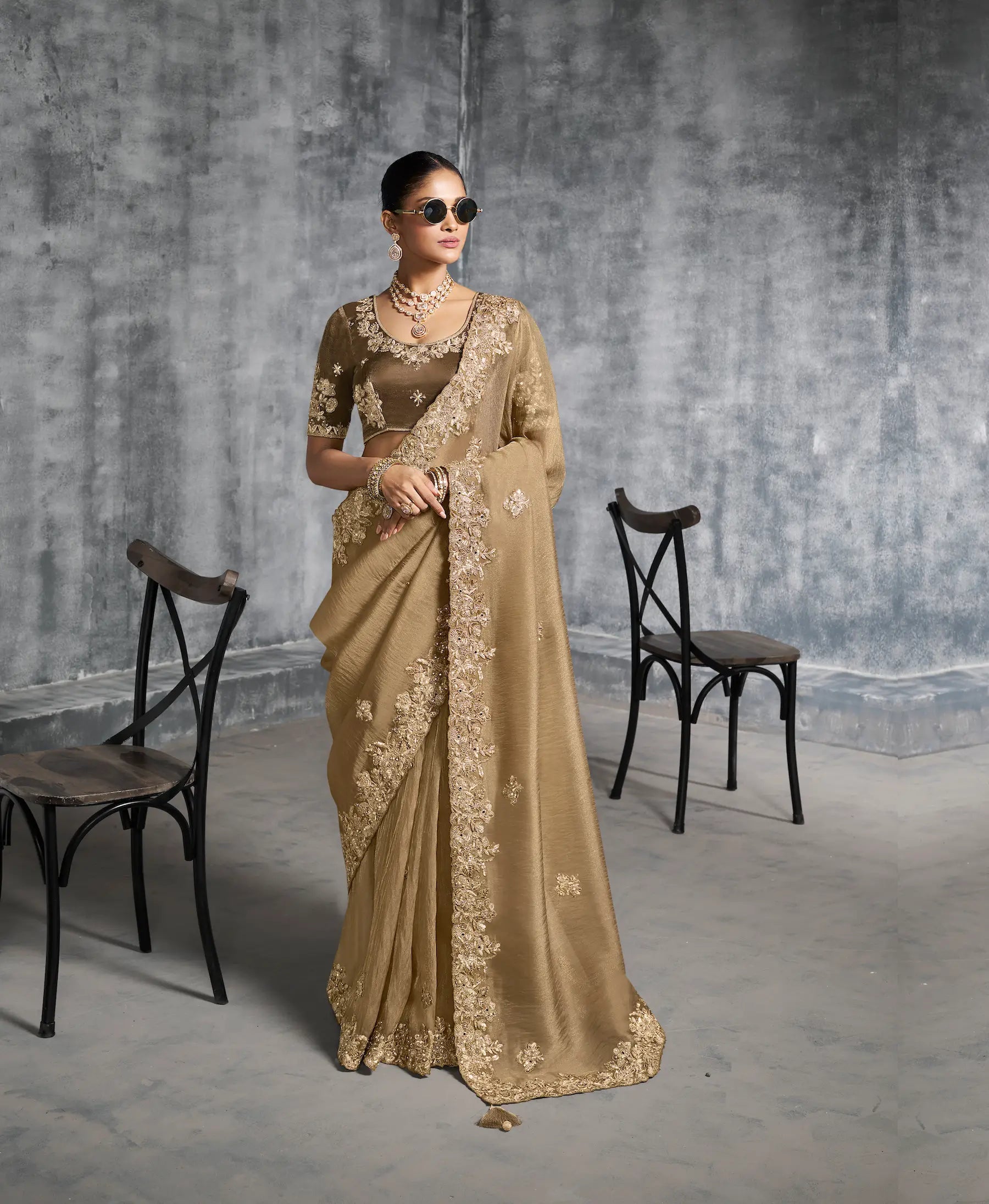 Dark Beige Zari Tissue Hand Work & Embroidery Saree