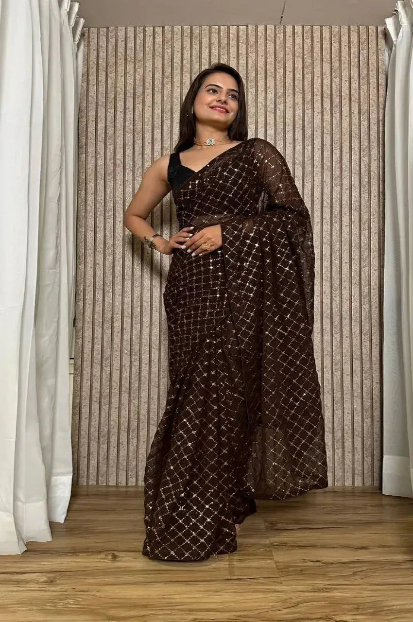 Dark Brown Georgette Saree With Sequins Embroidery Work