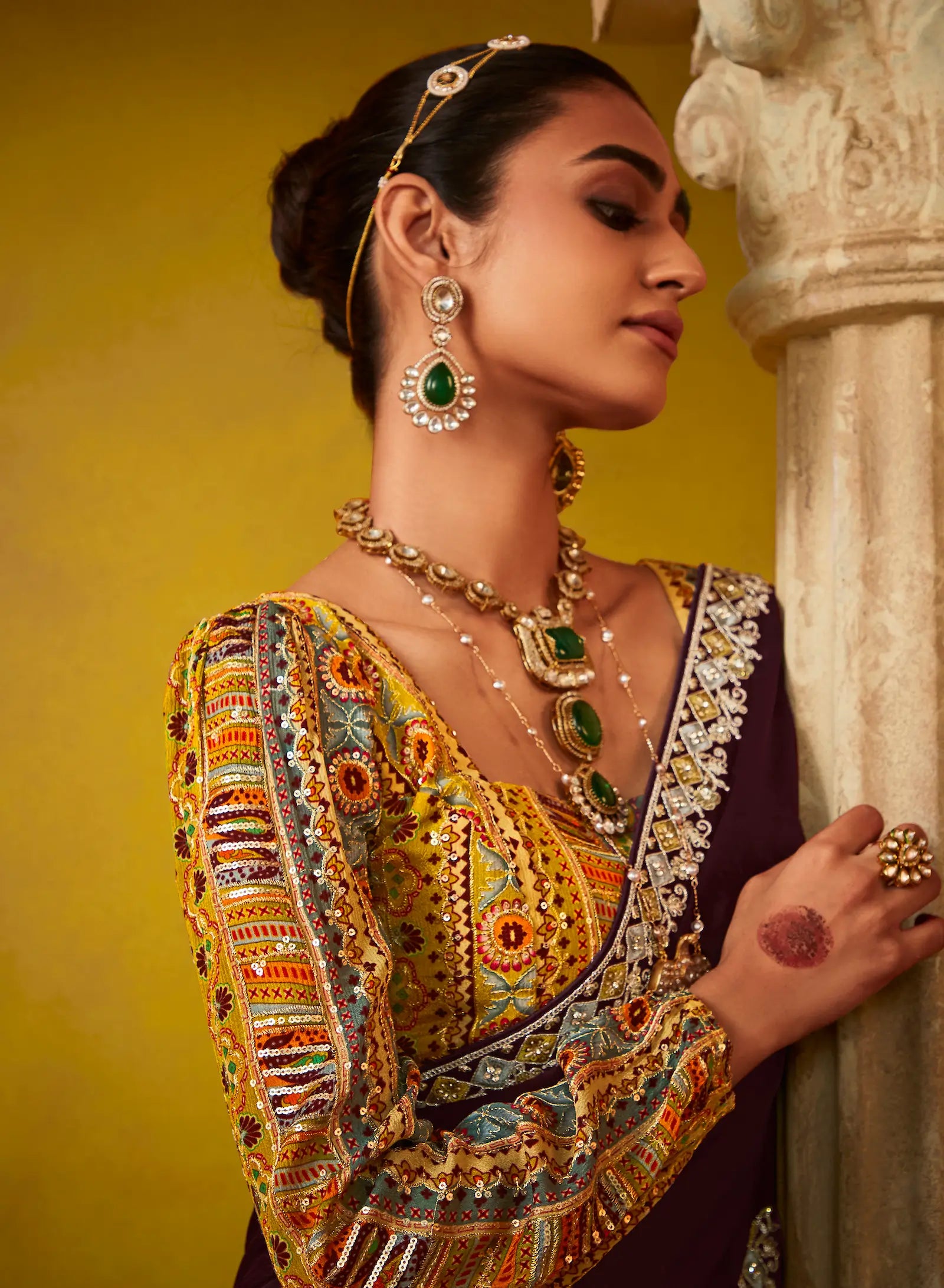 Dark Brown Glass Tissue Saree With Digital Print, Sequence & Thread Embroidery Work