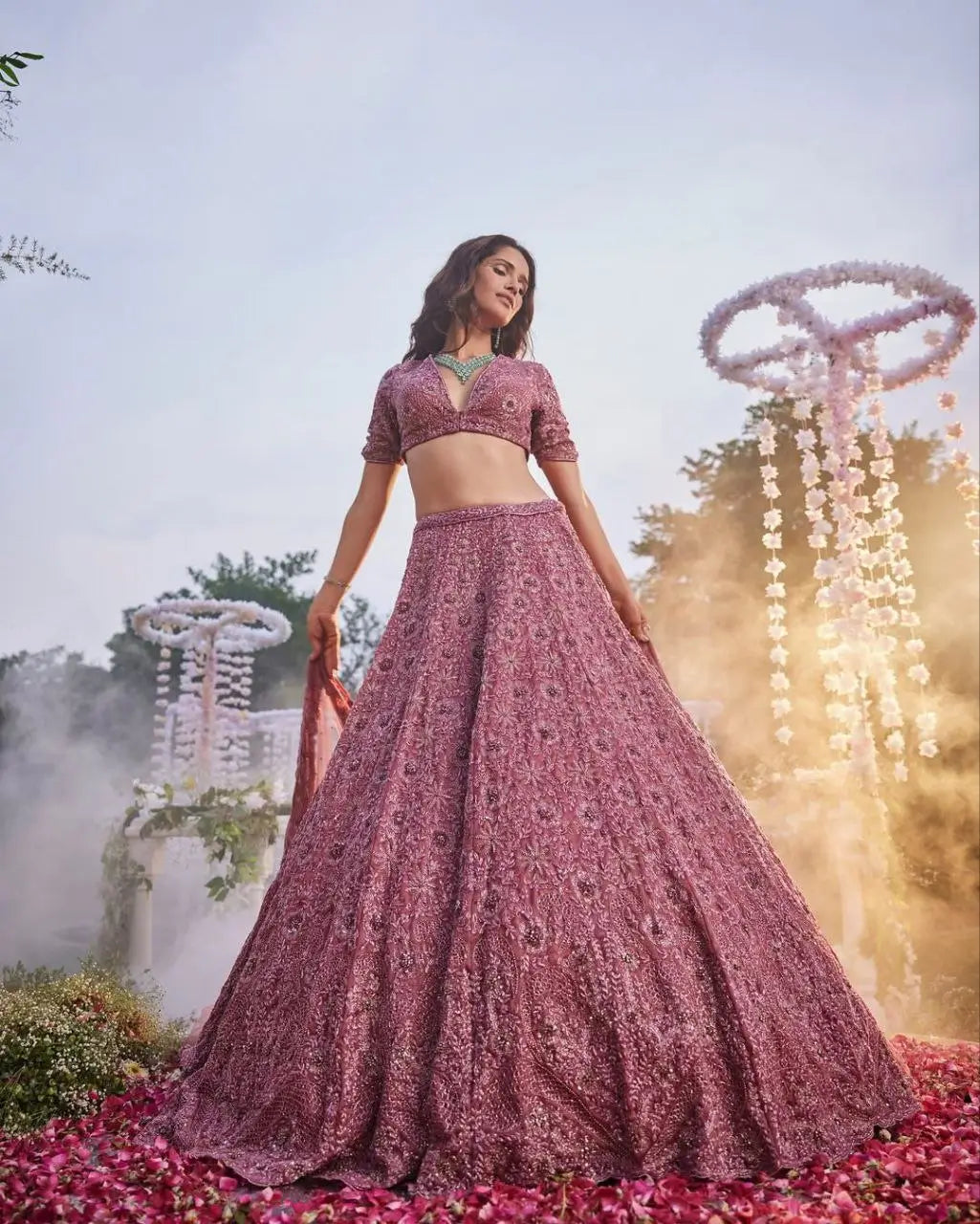 Dark Mauve Lehenga With Heavy Thread Embroidery Glitter Dori And Sequins With Zari Work