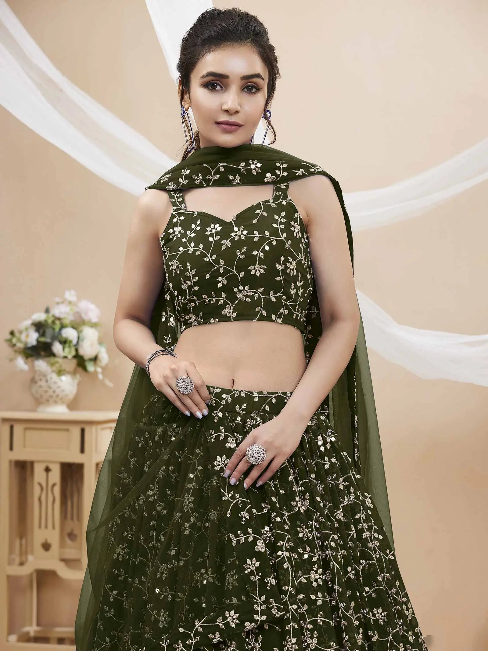 Dark Olive Green Georgette Lehenga With Sequins And Zari Embroidery Work