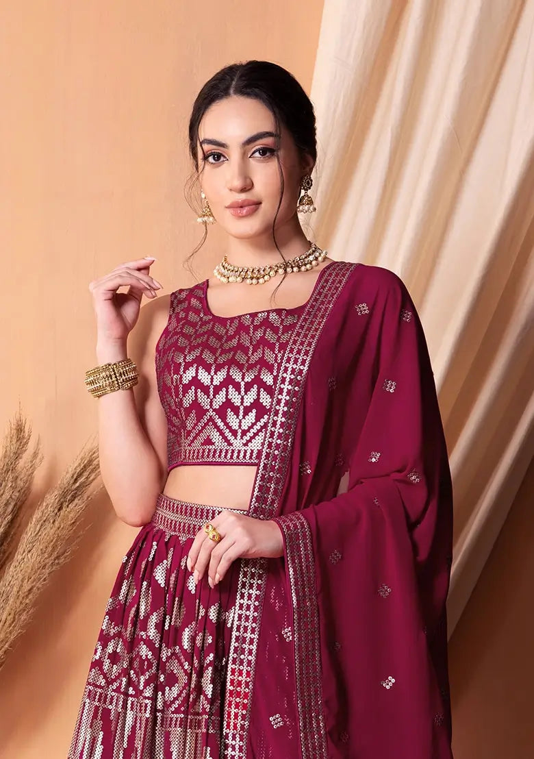 Dark Pink Georgette Lehenga With Sequins And Thread Embroidery Work