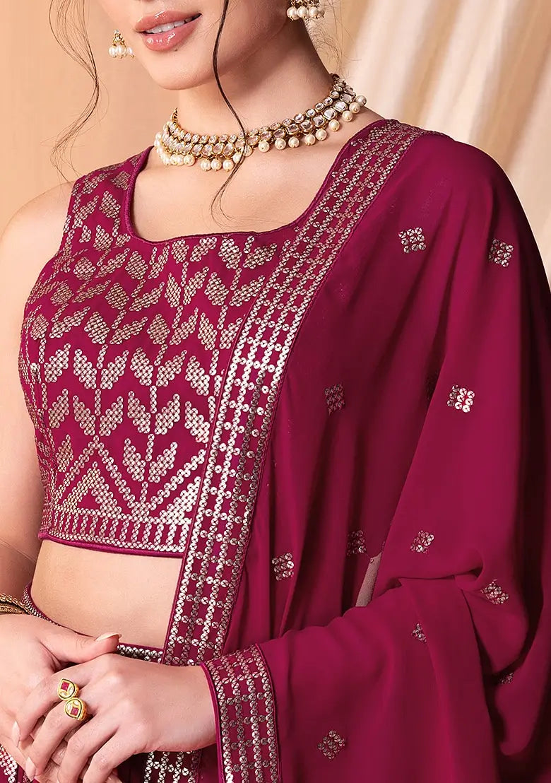 Dark Pink Georgette Lehenga With Sequins And Thread Embroidery Work