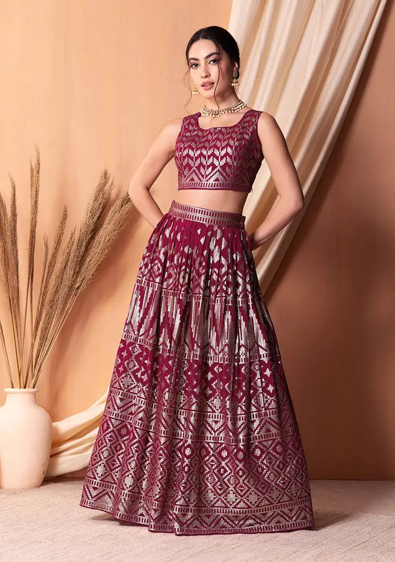 Dark Pink Georgette Lehenga With Sequins And Thread Embroidery Work