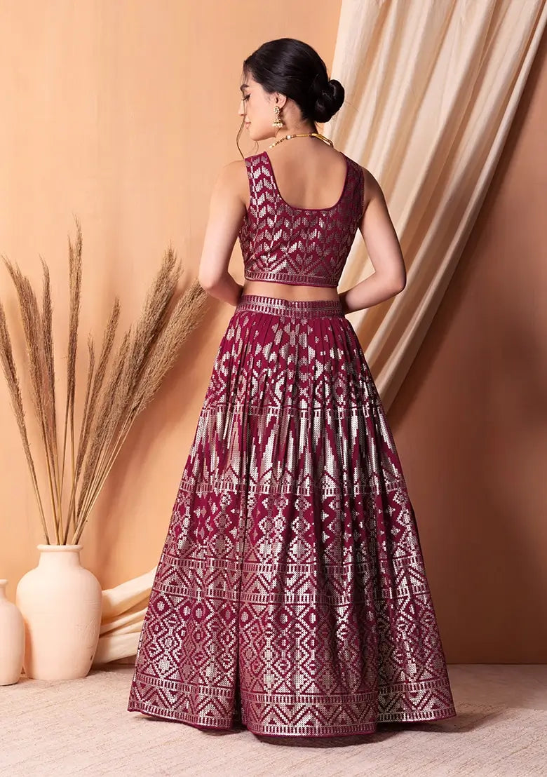 Dark Pink Georgette Lehenga With Sequins And Thread Embroidery Work