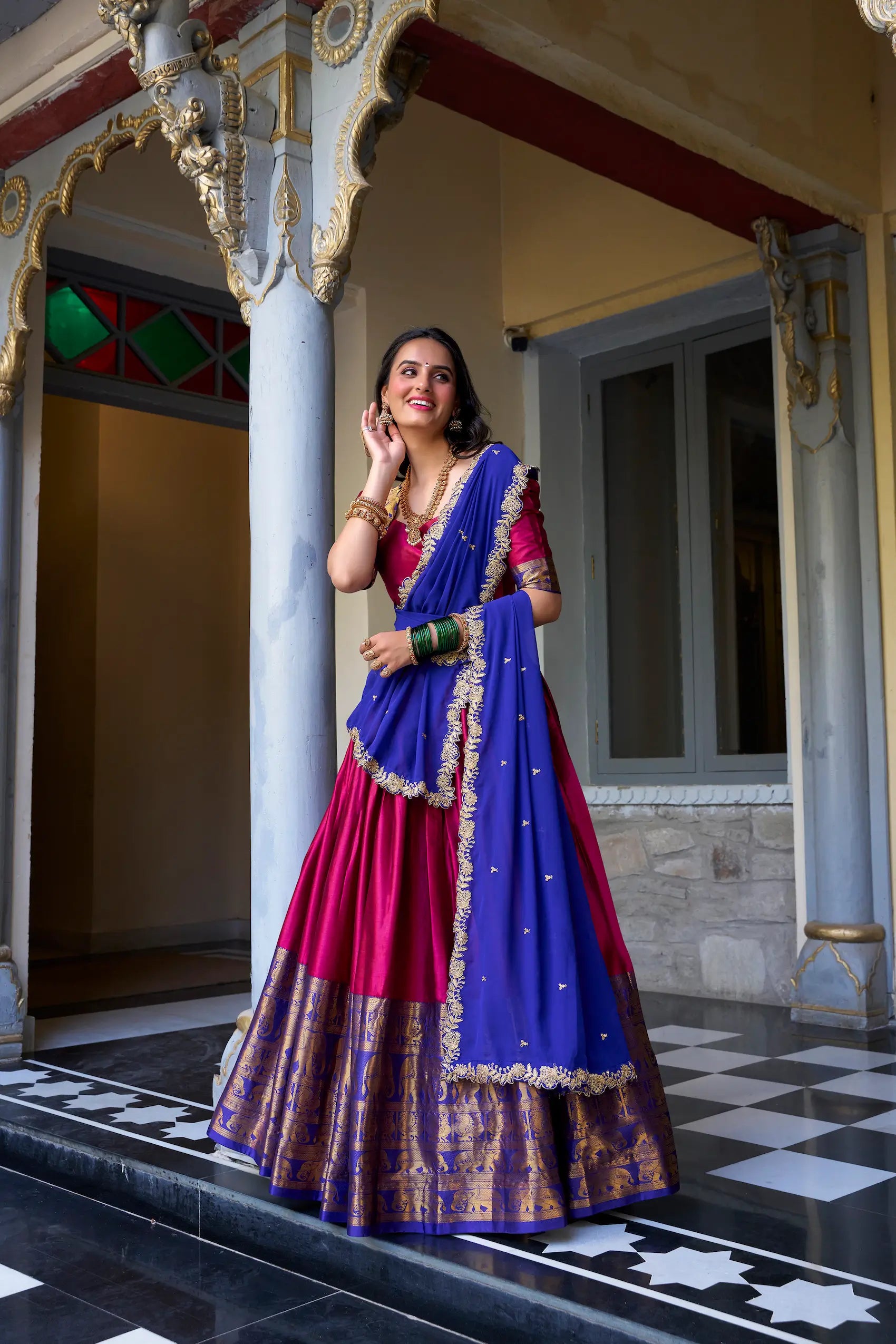 Dark Pink South Indian Lehenga choli With Zari Weaving Work & Sequins Embroidery