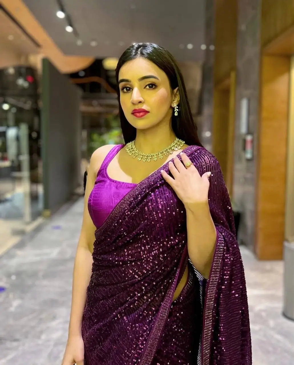 Dark Purple Georgette Saree With Sequins & Dori Border Work