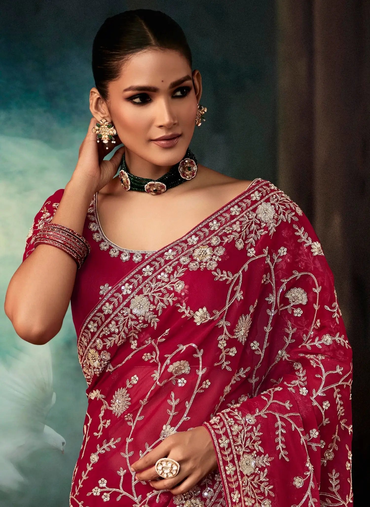 Dark Red Bridal Saree With Aari & Hand Work