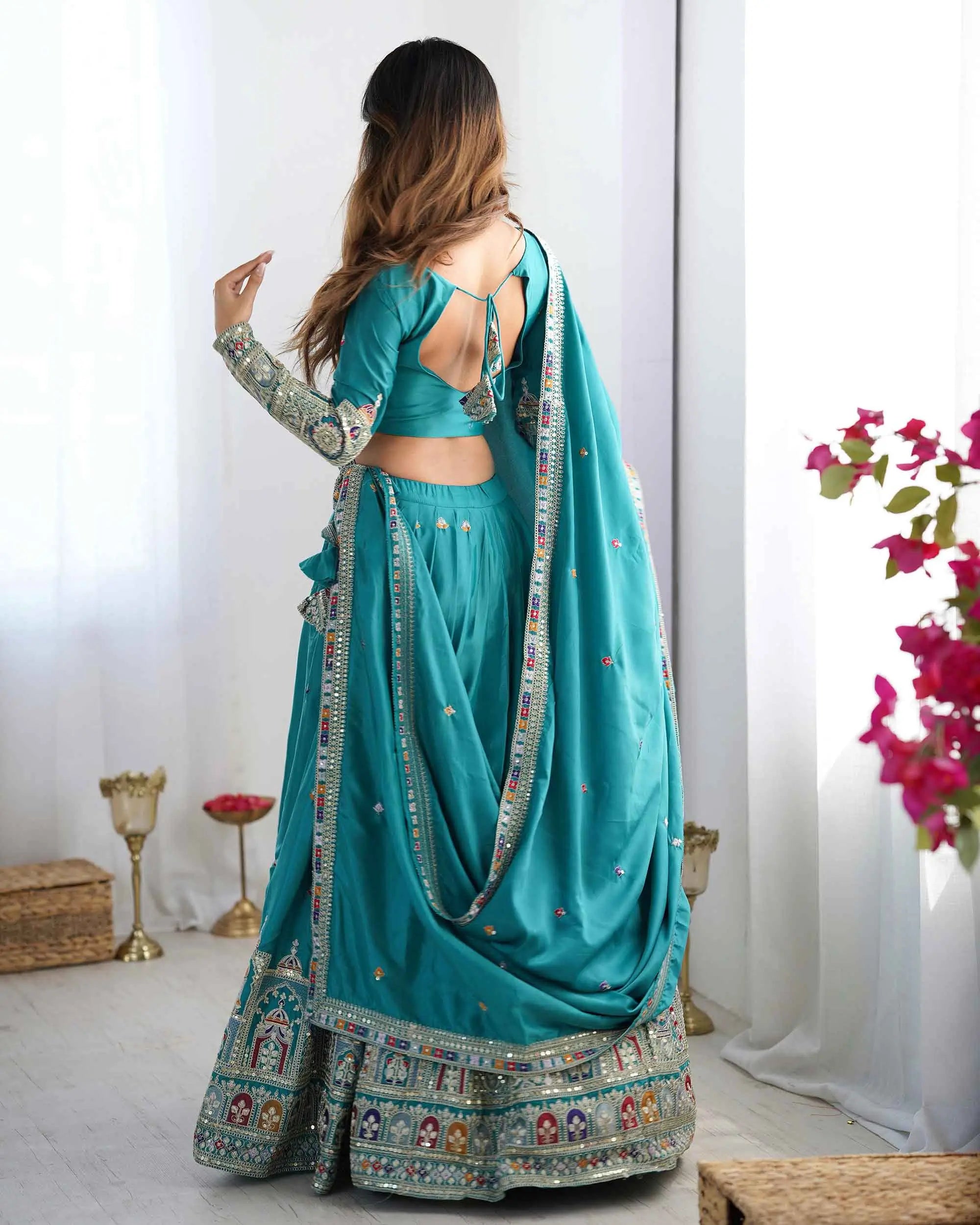 Dark Teal Blue Cording Dori Embroidery Work Lehenga With Dupatta